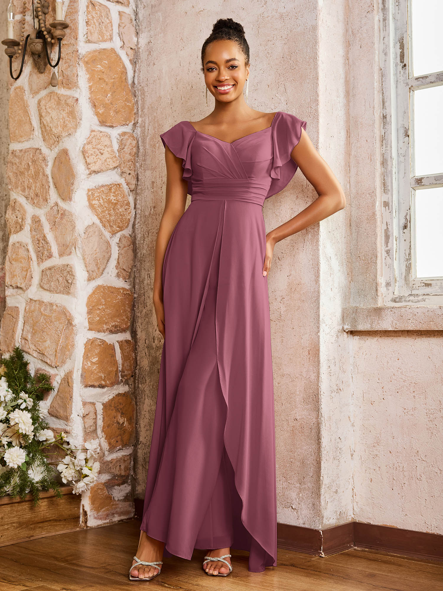 Elegant Chiffon Jumpsuit with Flowing Skirt Overlay Mulberry