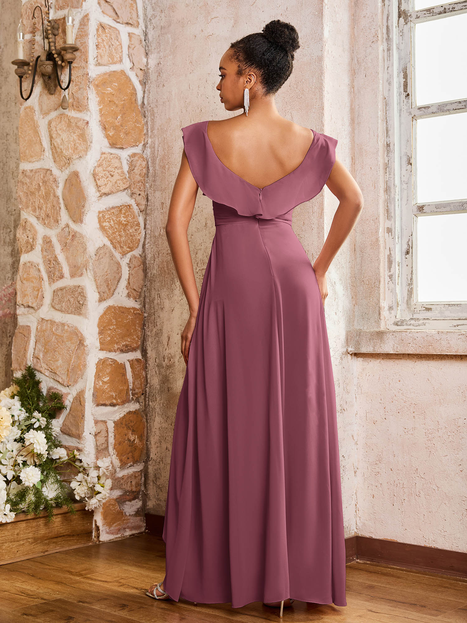 Elegant Chiffon Jumpsuit with Flowing Skirt Overlay Mulberry - Image 2