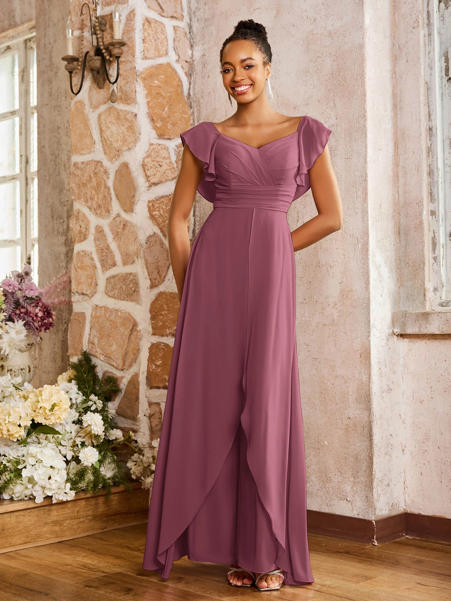 Elegant Chiffon Jumpsuit with Flowing Skirt Overlay Mulberry - Image 3