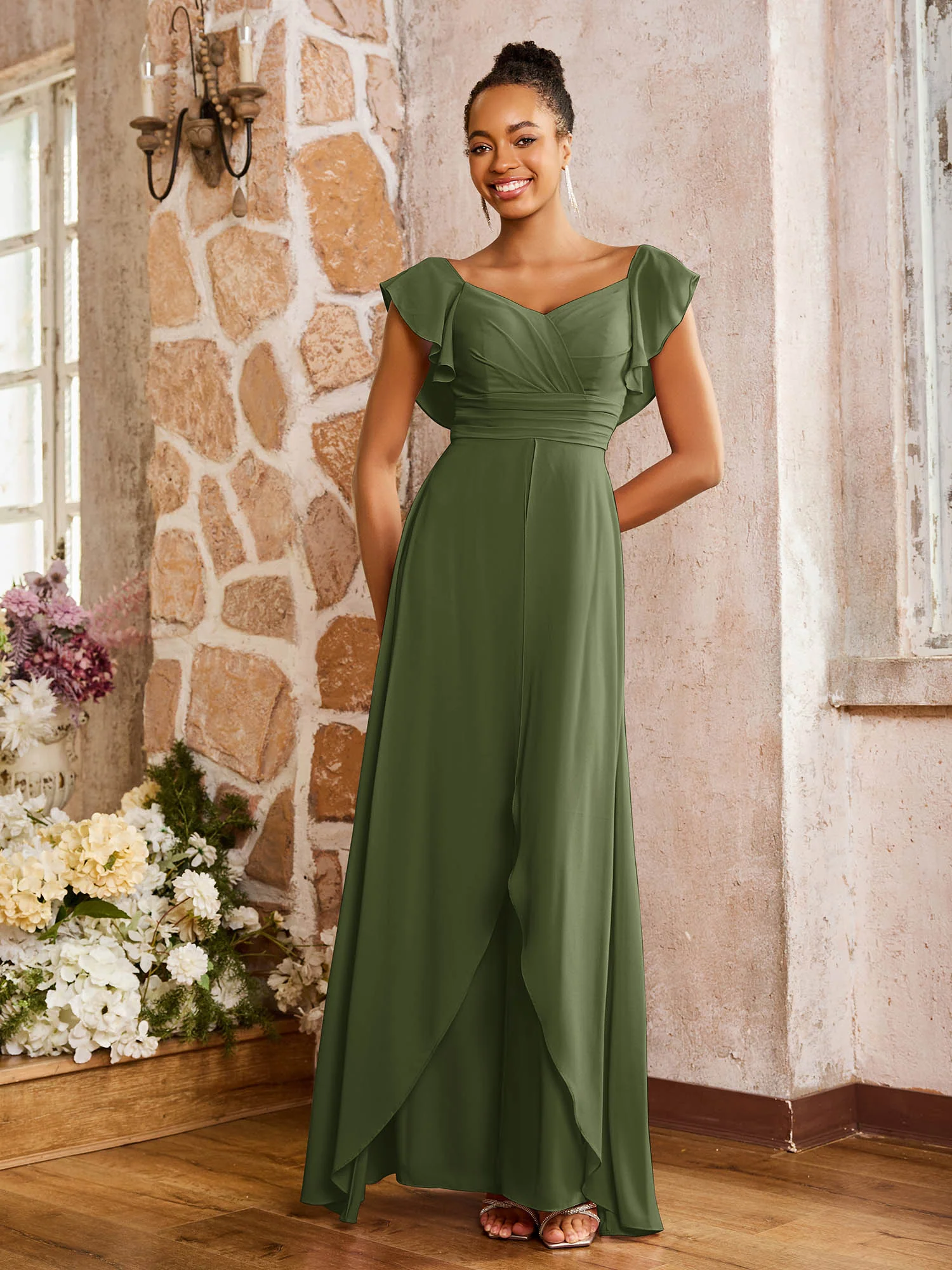 Elegant Chiffon Jumpsuit with Flowing Skirt Overlay Olive Green