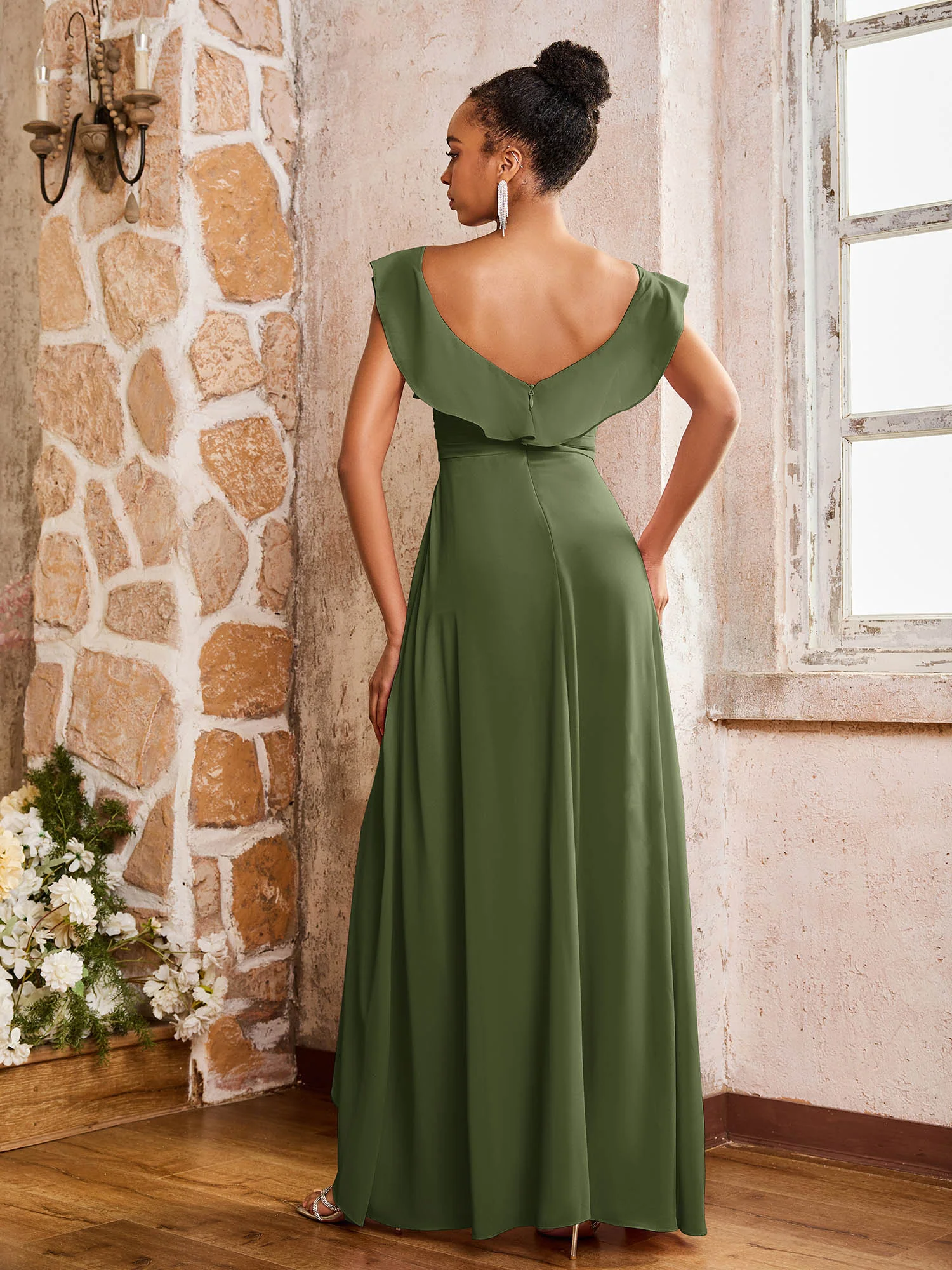 Elegant Chiffon Jumpsuit with Flowing Skirt Overlay Olive Green - Image 2
