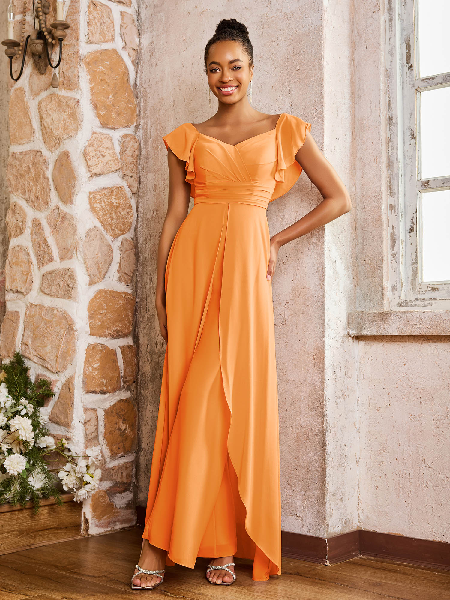 Elegant Chiffon Jumpsuit with Flowing Skirt Overlay Orange