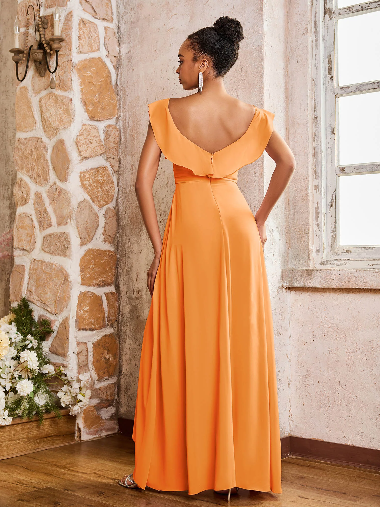 Elegant Chiffon Jumpsuit with Flowing Skirt Overlay Orange - Image 2