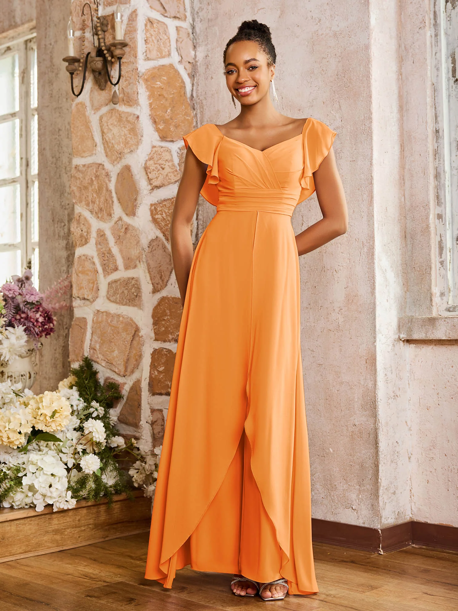 Elegant Chiffon Jumpsuit with Flowing Skirt Overlay Orange - Image 3