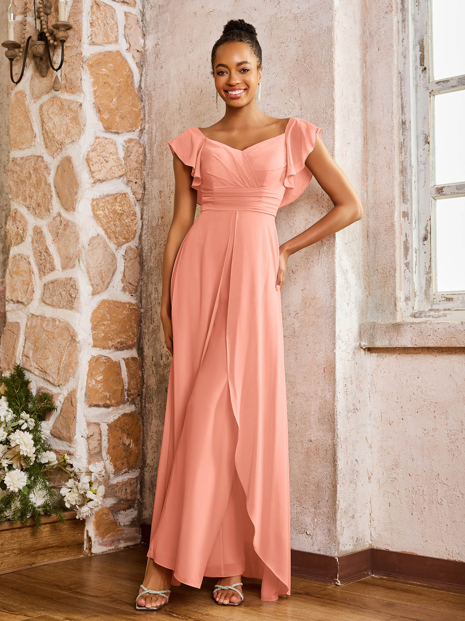 Elegant Chiffon Jumpsuit with Flowing Skirt Overlay Papaya