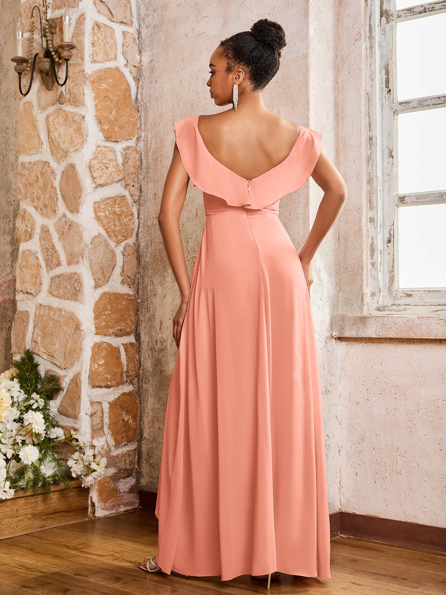 Elegant Chiffon Jumpsuit with Flowing Skirt Overlay Papaya - Image 2
