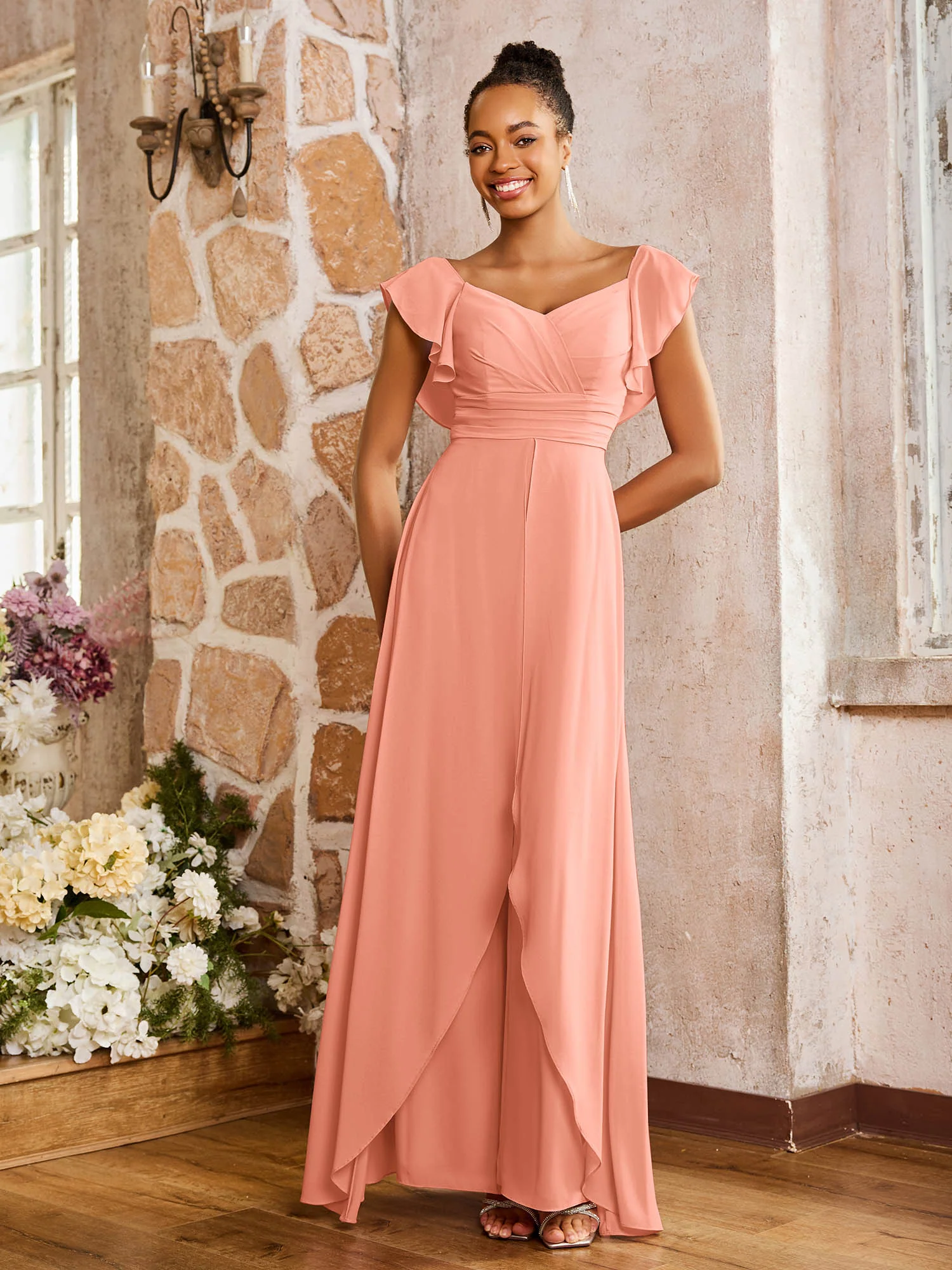 Elegant Chiffon Jumpsuit with Flowing Skirt Overlay Papaya - Image 3