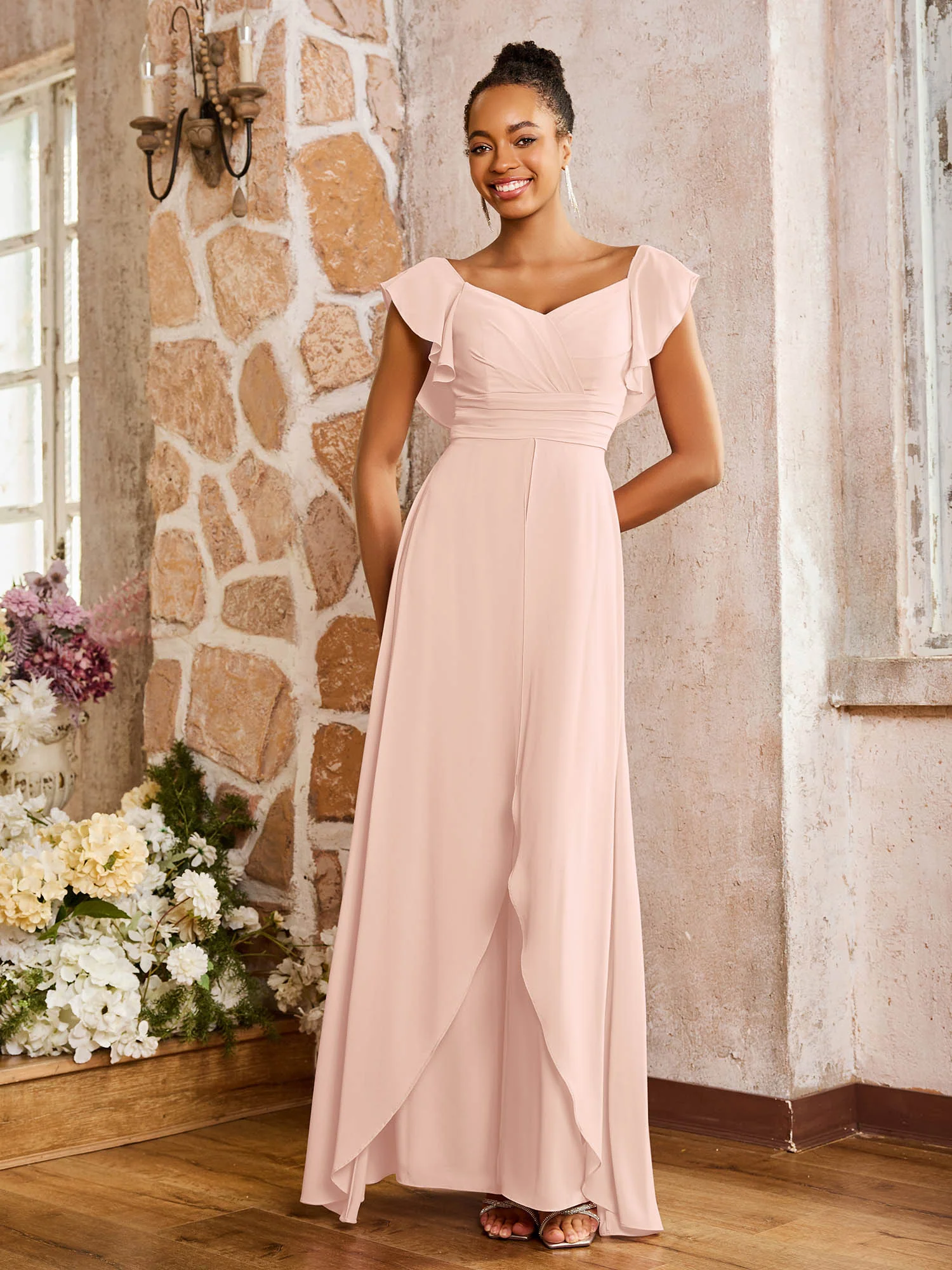 Elegant Chiffon Jumpsuit with Flowing Skirt Overlay Pearl Pink - Image 3