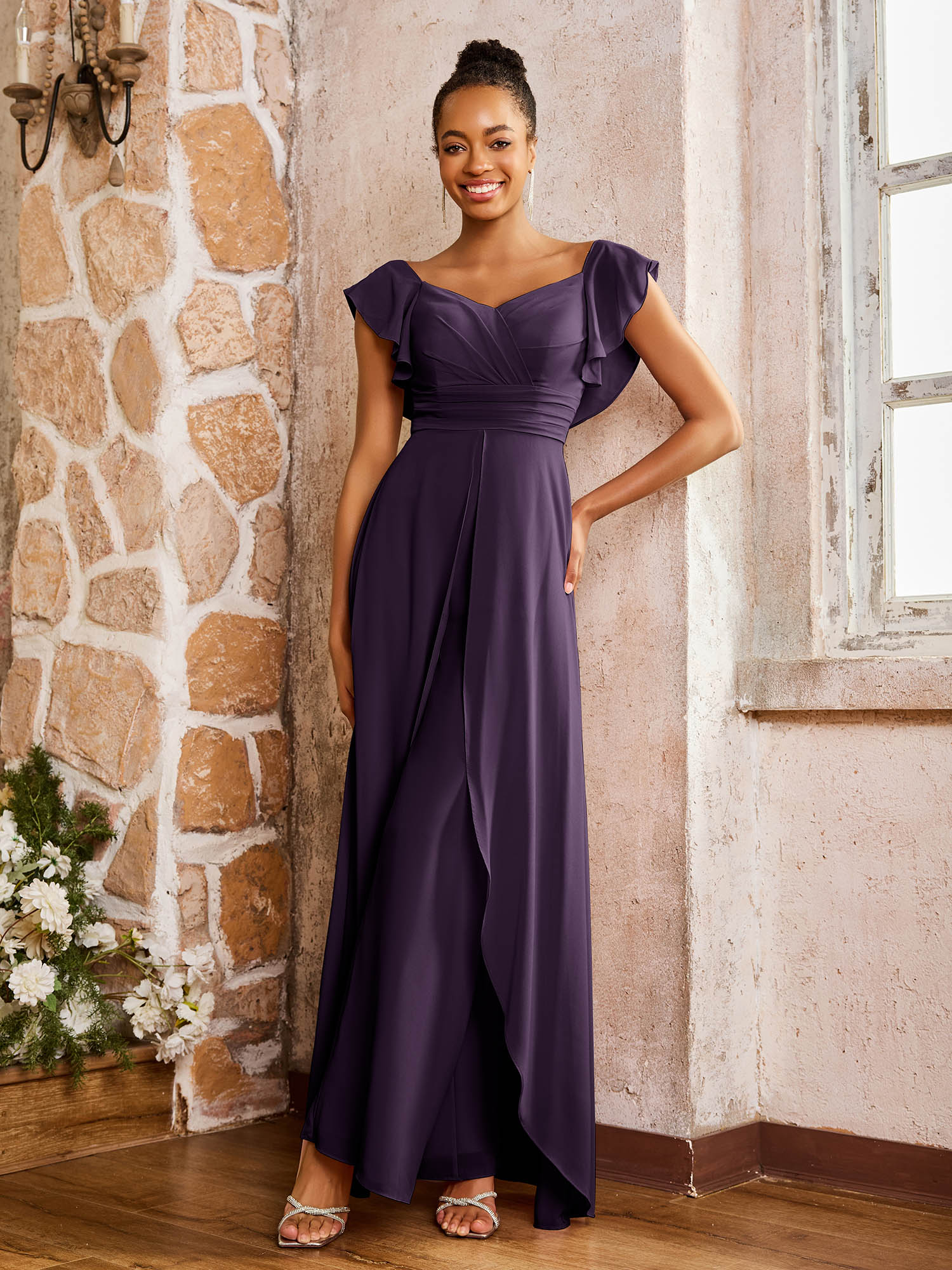 Elegant Chiffon Jumpsuit with Flowing Skirt Overlay Plum