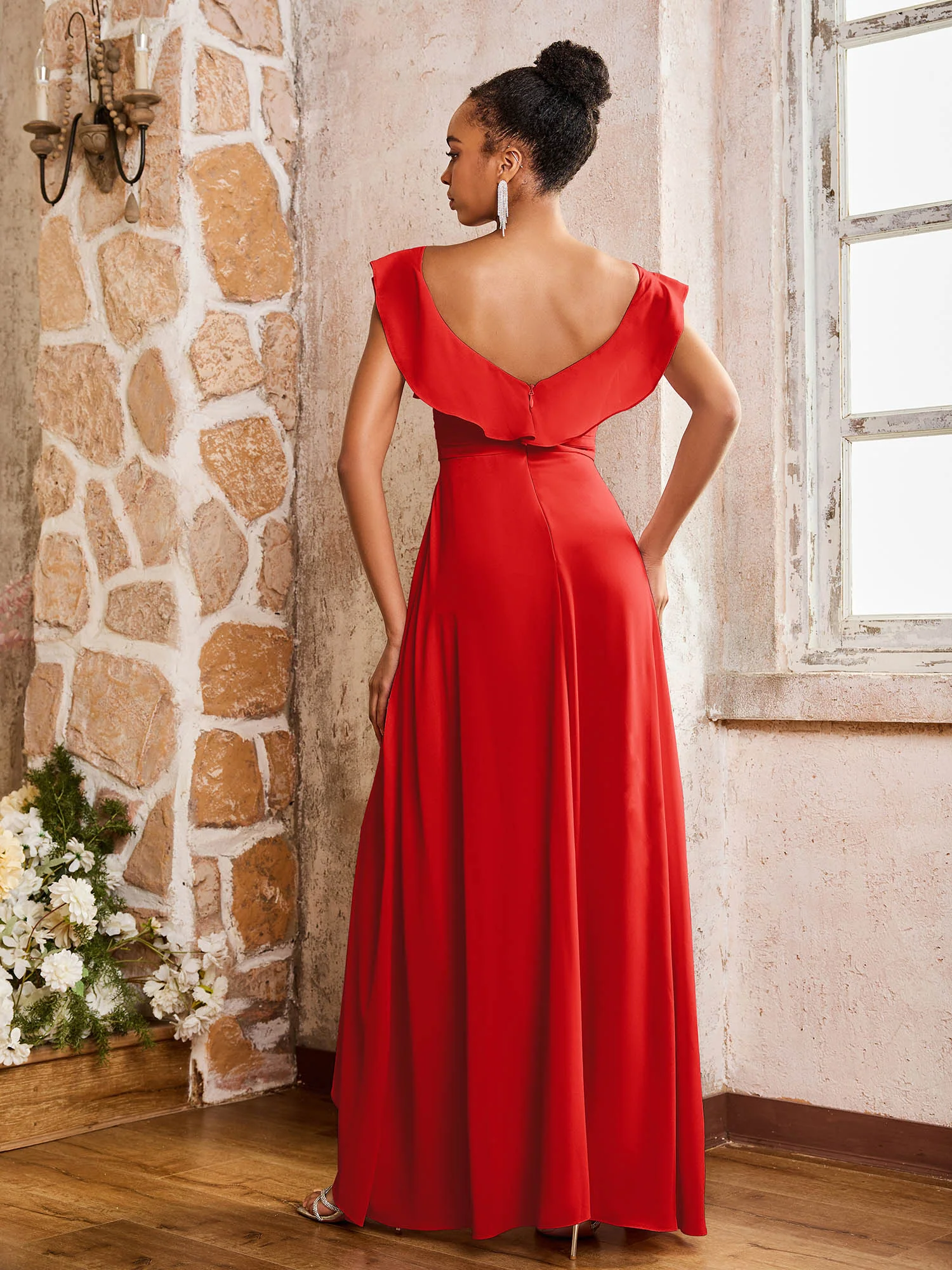 Elegant Chiffon Jumpsuit with Flowing Skirt Overlay Red - Image 2