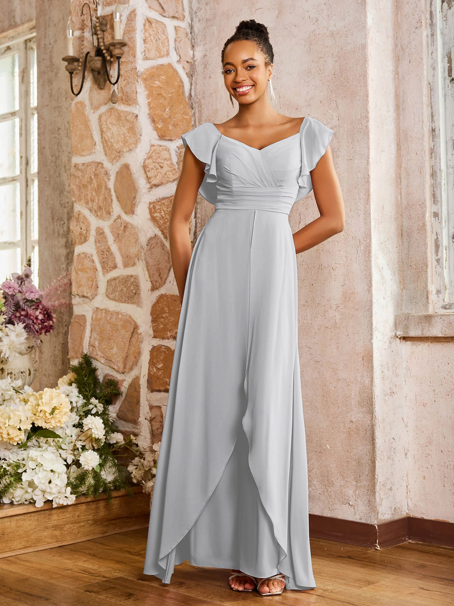 Elegant Chiffon Jumpsuit with Flowing Skirt Overlay Silver - Image 3