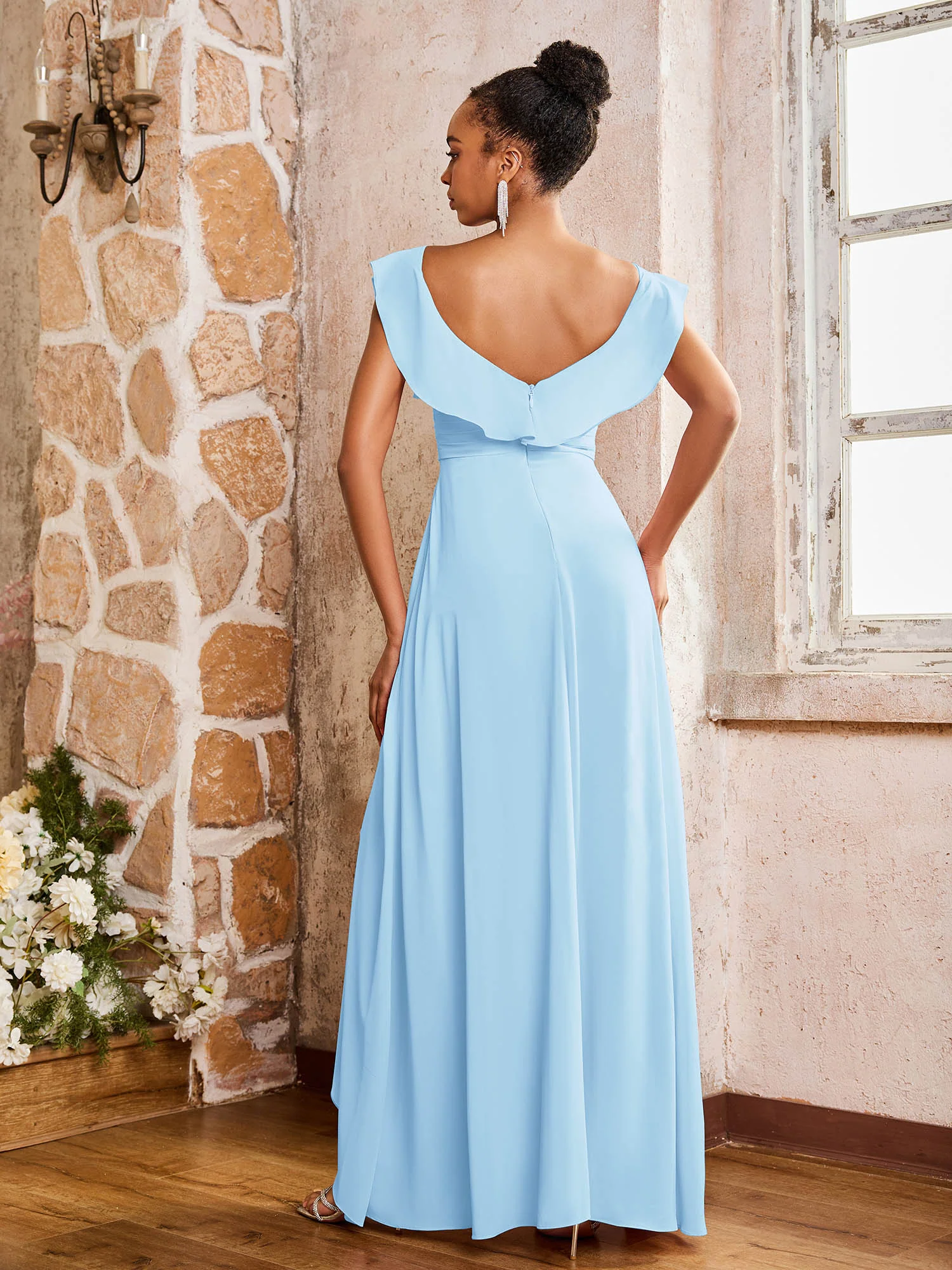 Elegant Chiffon Jumpsuit with Flowing Skirt Overlay Sky Blue - Image 2