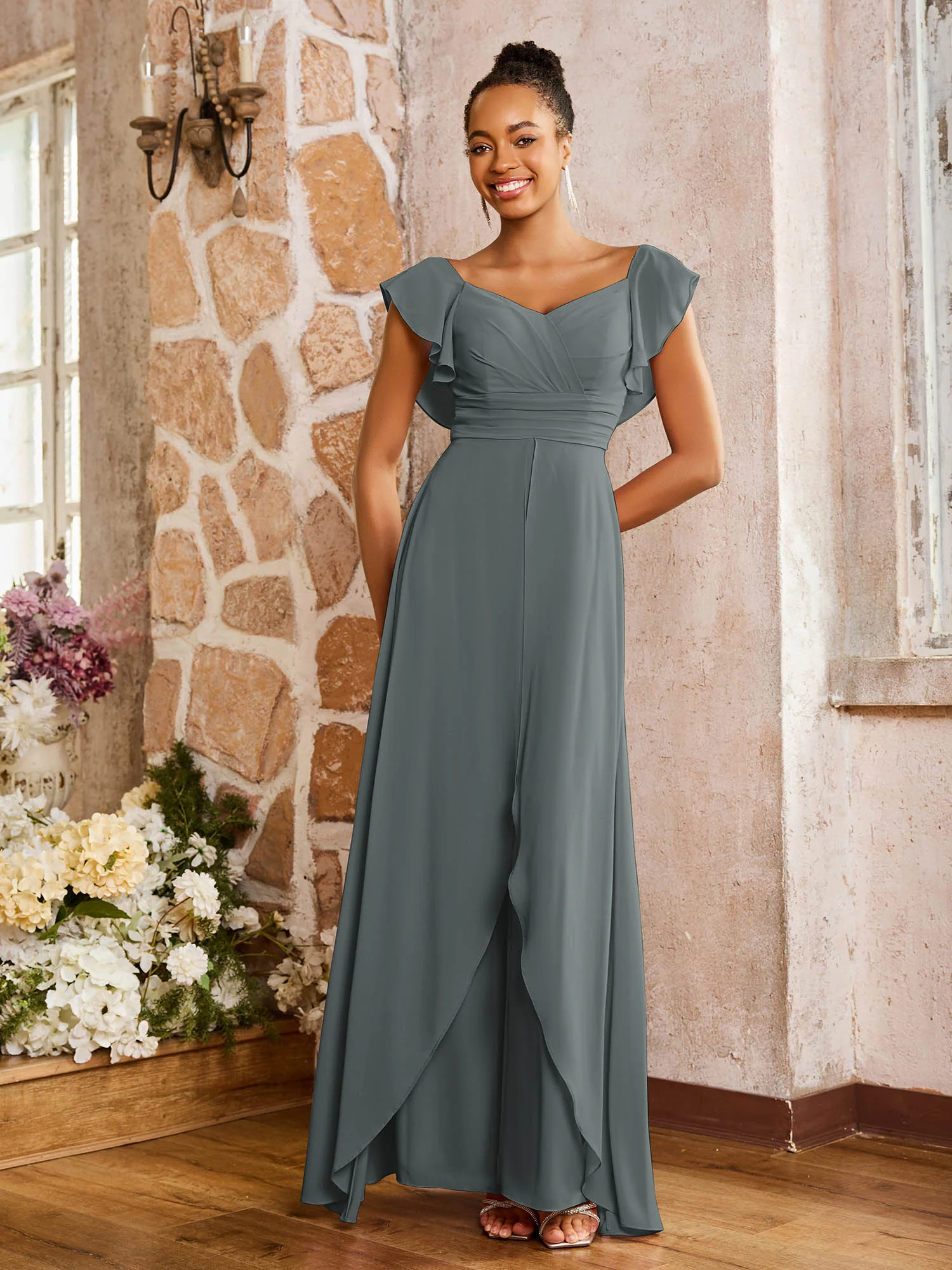 Elegant Chiffon Jumpsuit with Flowing Skirt Overlay Steel Grey - Image 3