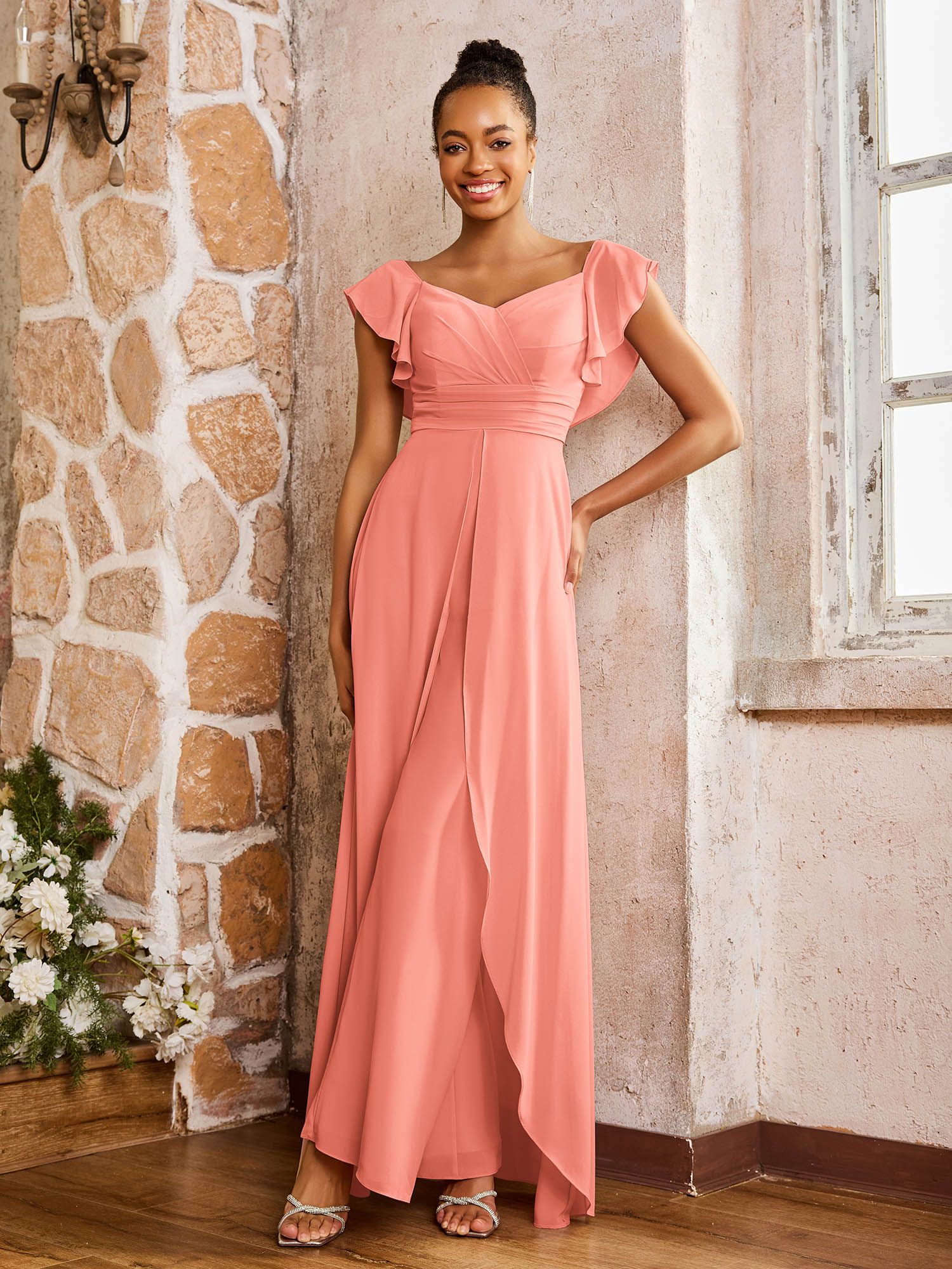 Elegant Chiffon Jumpsuit with Flowing Skirt Overlay Sunset