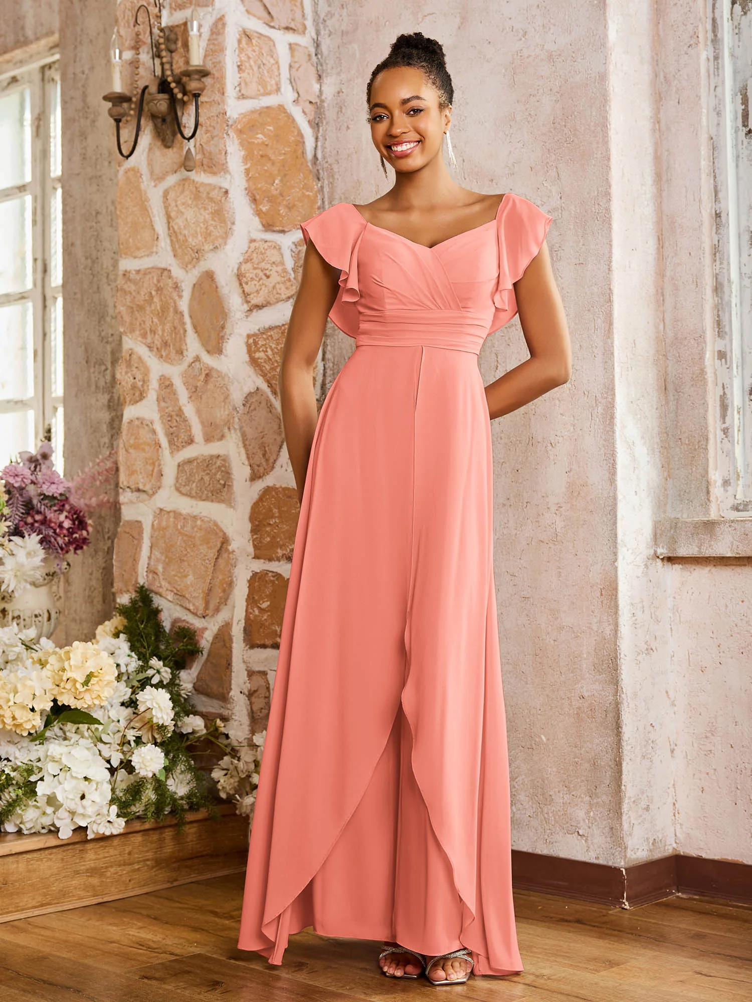 Elegant Chiffon Jumpsuit with Flowing Skirt Overlay Sunset - Image 3