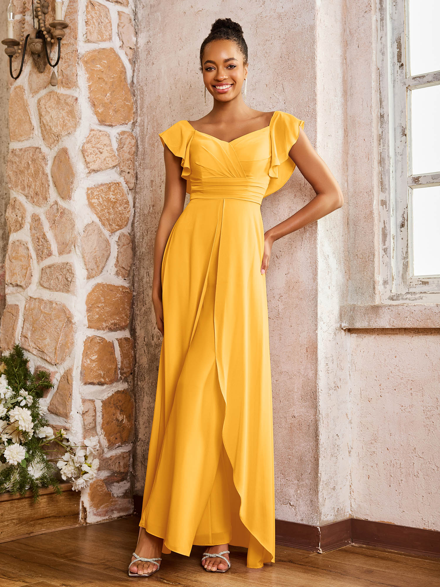 Elegant Chiffon Jumpsuit with Flowing Skirt Overlay Tangerine