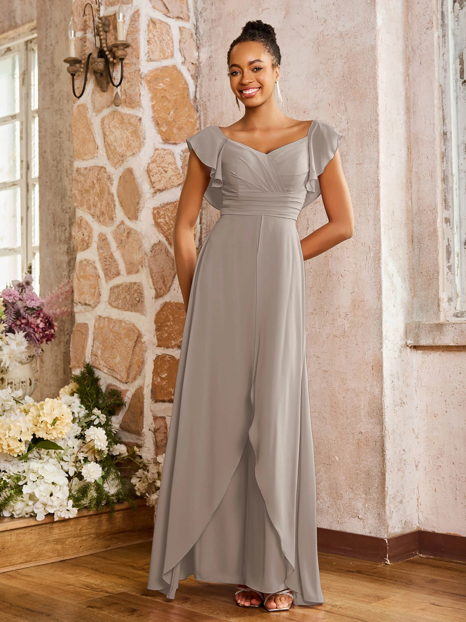 Elegant Chiffon Jumpsuit with Flowing Skirt Overlay Taupe - Image 3