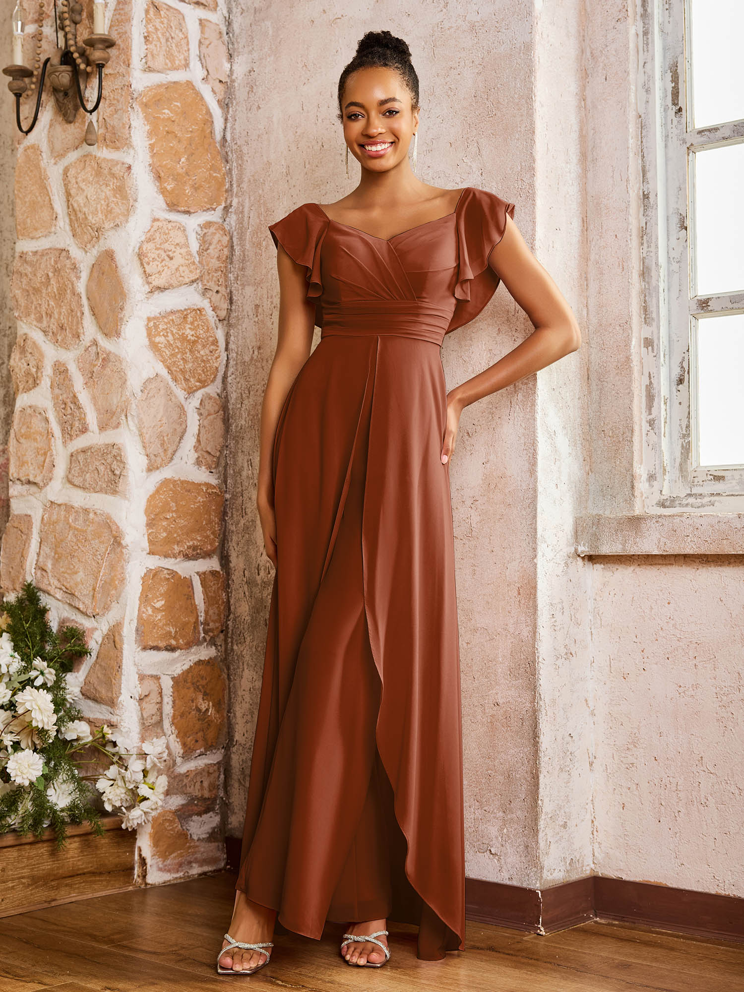 Elegant Chiffon Jumpsuit with Flowing Skirt Overlay Terracotta