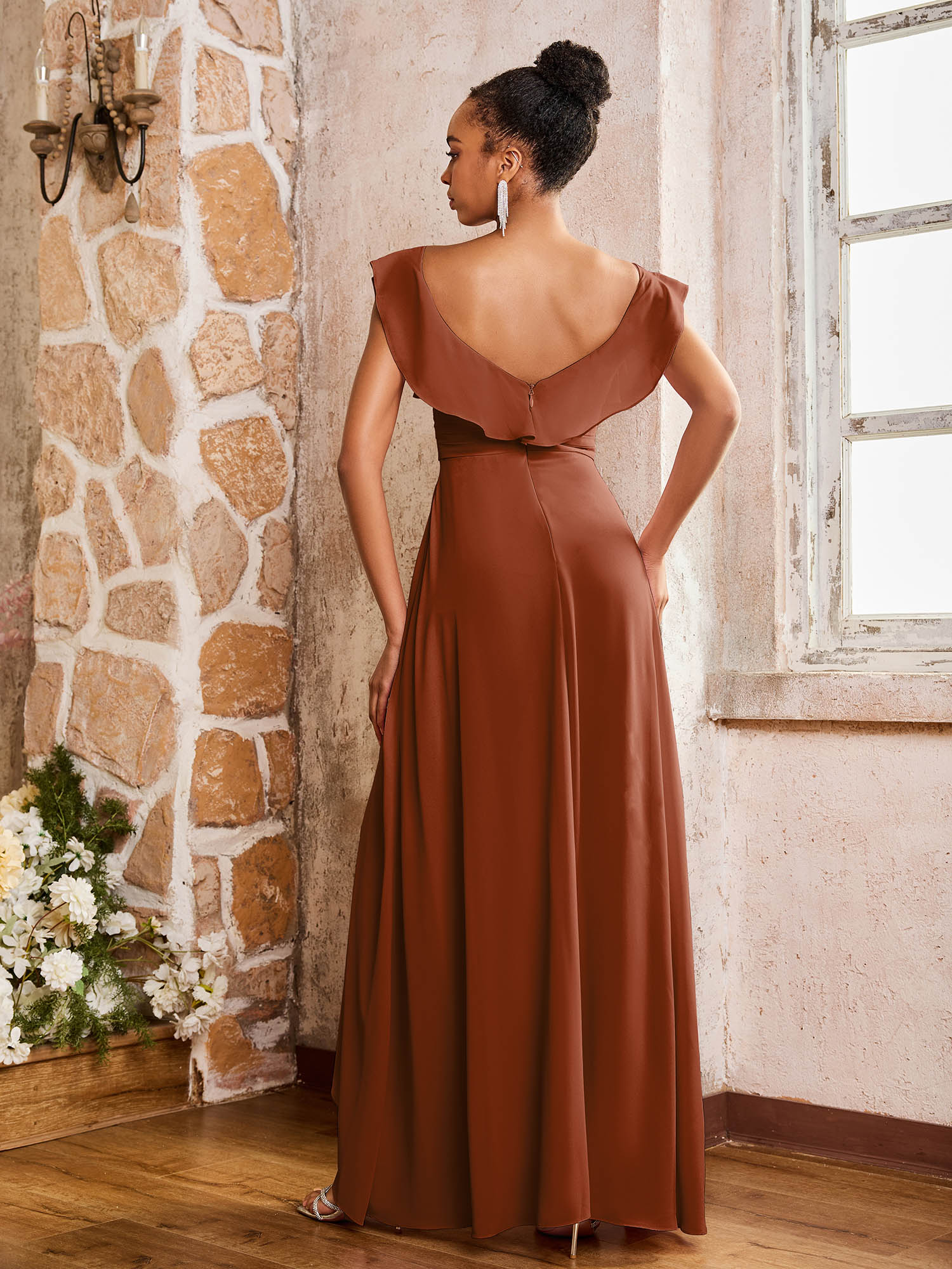 Elegant Chiffon Jumpsuit with Flowing Skirt Overlay Terracotta - Image 2