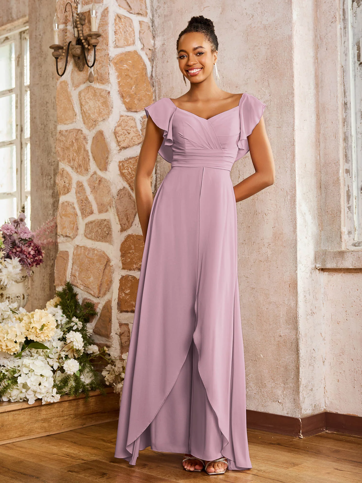 Elegant Chiffon Jumpsuit with Flowing Skirt Overlay Vintage Mauve - Image 3