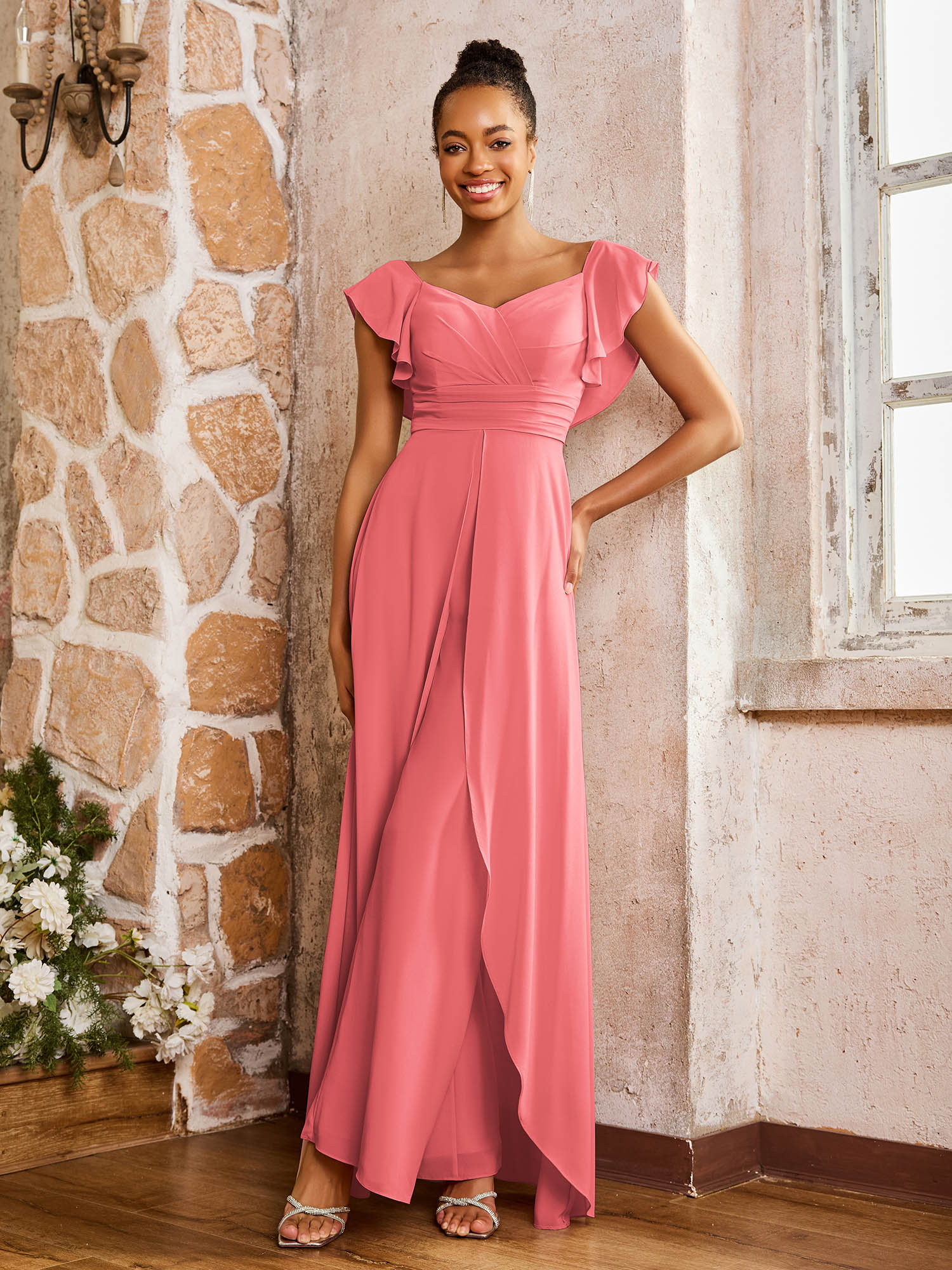 Elegant Chiffon Jumpsuit with Flowing Skirt Overlay Watermelon