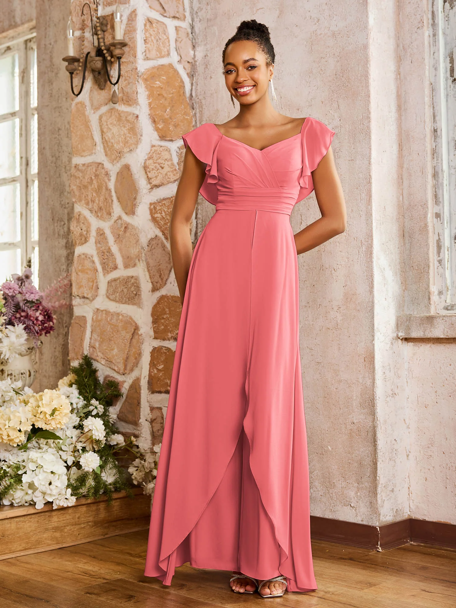 Elegant Chiffon Jumpsuit with Flowing Skirt Overlay Watermelon - Image 3