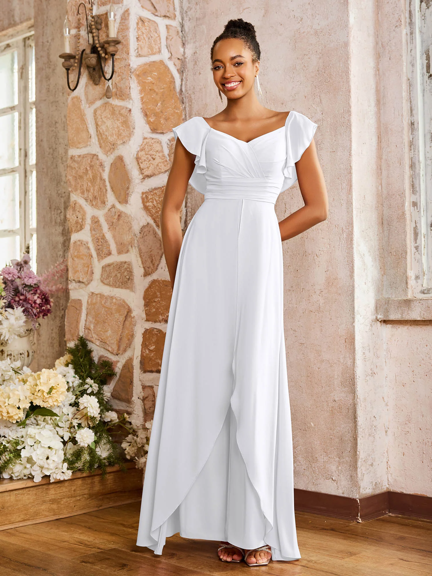 Elegant Chiffon Jumpsuit with Flowing Skirt Overlay White - Image 3
