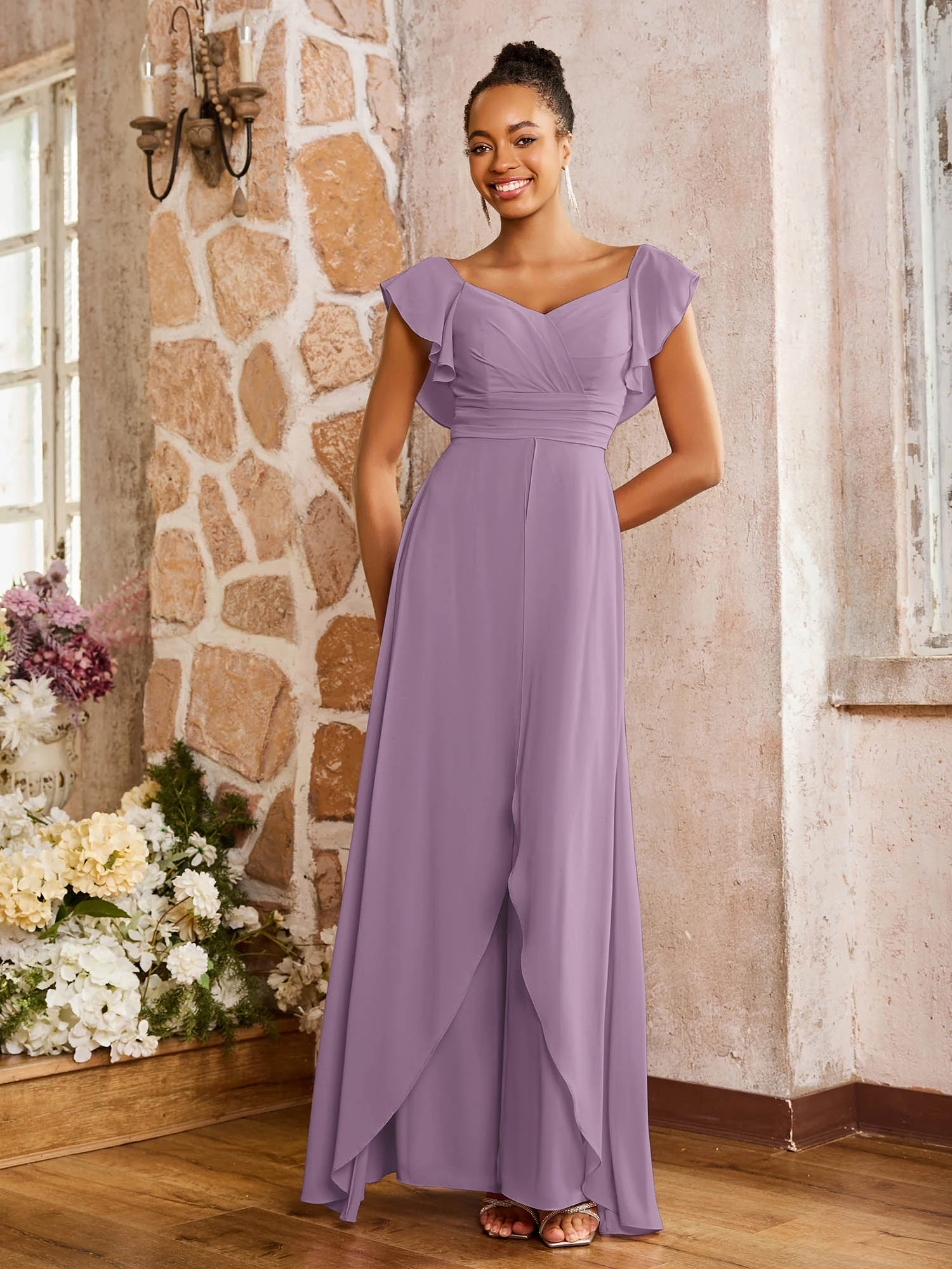 Elegant Chiffon Jumpsuit with Flowing Skirt Overlay Wisteria - Image 3