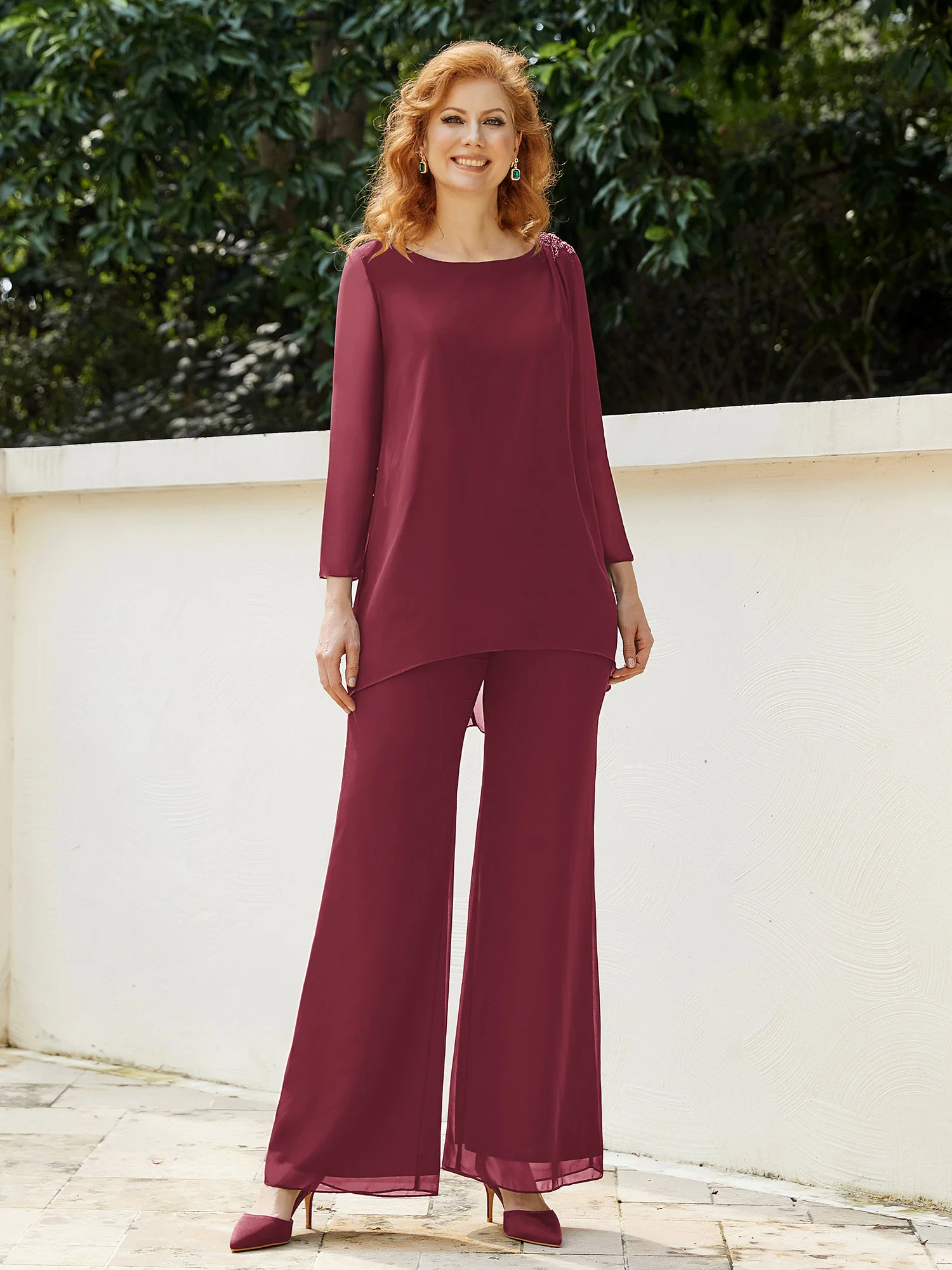 Elegant Chiffon Pant Suit with Long Sleeves-Cinnamon Rose