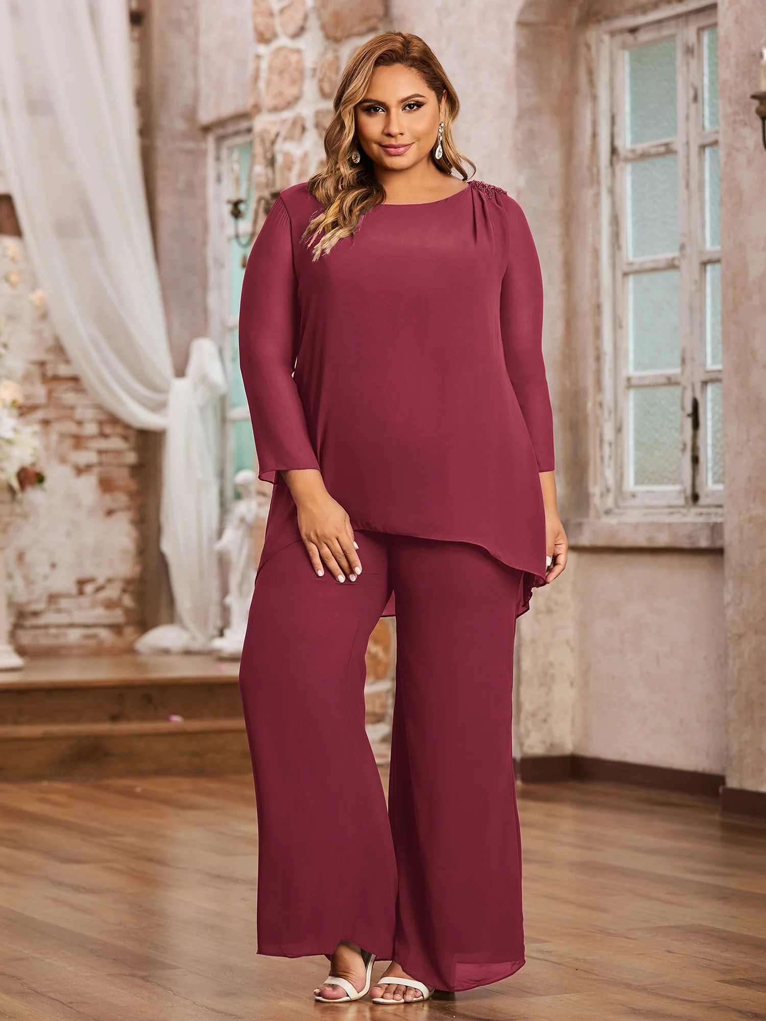 Elegant Chiffon Pant Suit with Long Sleeves-Cinnamon Rose - Image 3