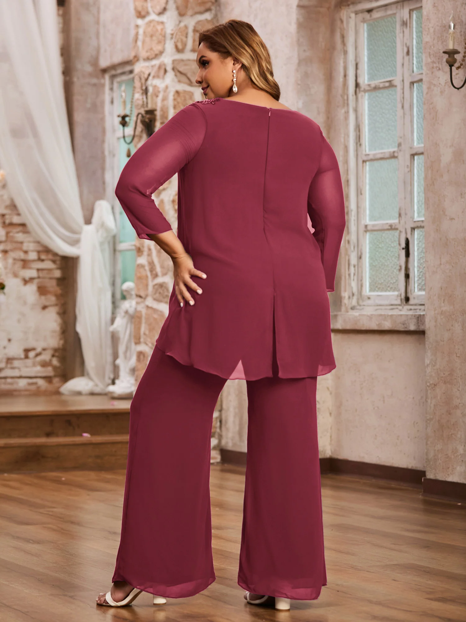 Elegant Chiffon Pant Suit with Long Sleeves-Cinnamon Rose - Image 4