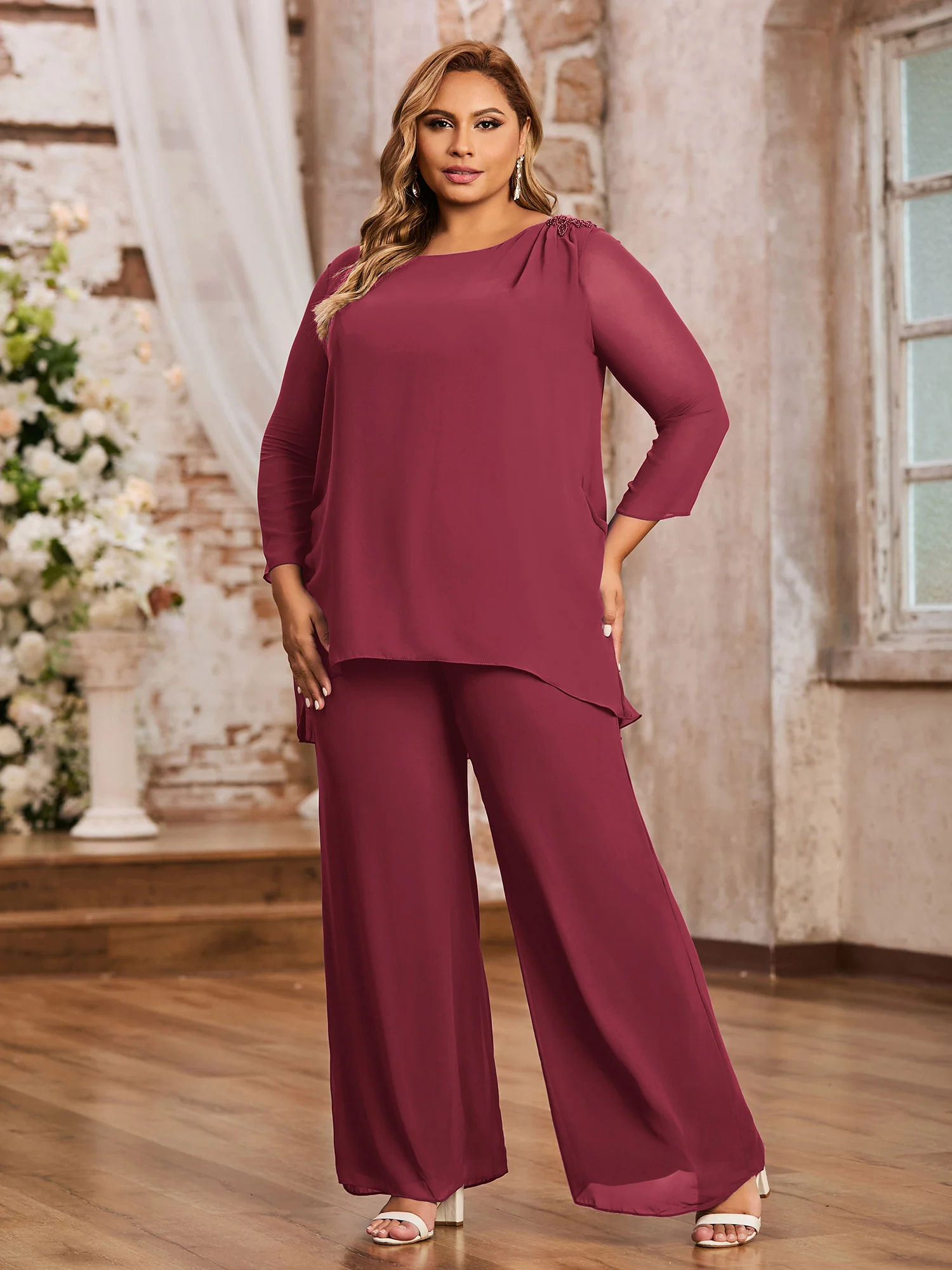 Elegant Chiffon Pant Suit with Long Sleeves-Cinnamon Rose - Image 5