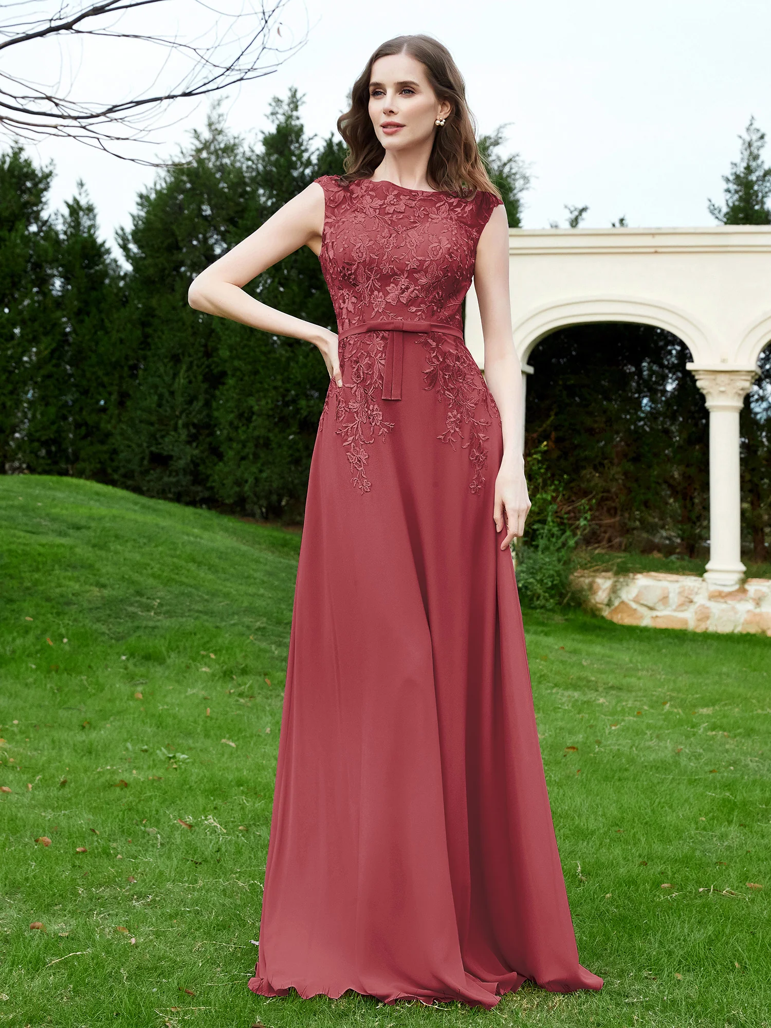 Elegant Illusion Lace Appliqued Dress With Buttons Cinnamon Rose