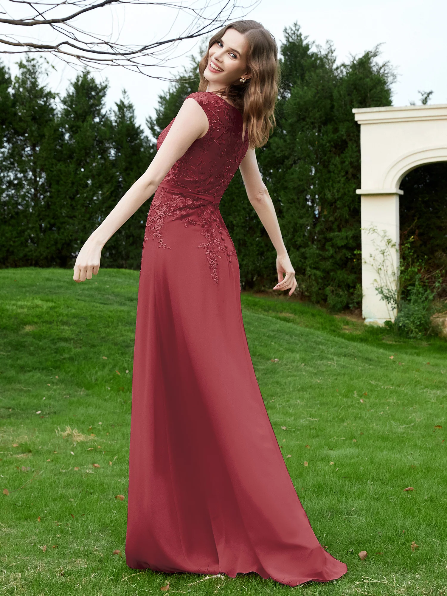 Elegant Illusion Lace Appliqued Dress With Buttons Cinnamon Rose - Image 2