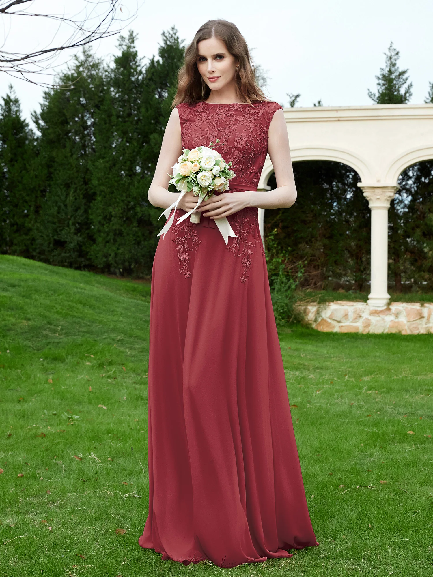 Elegant Illusion Lace Appliqued Dress With Buttons Cinnamon Rose - Image 3