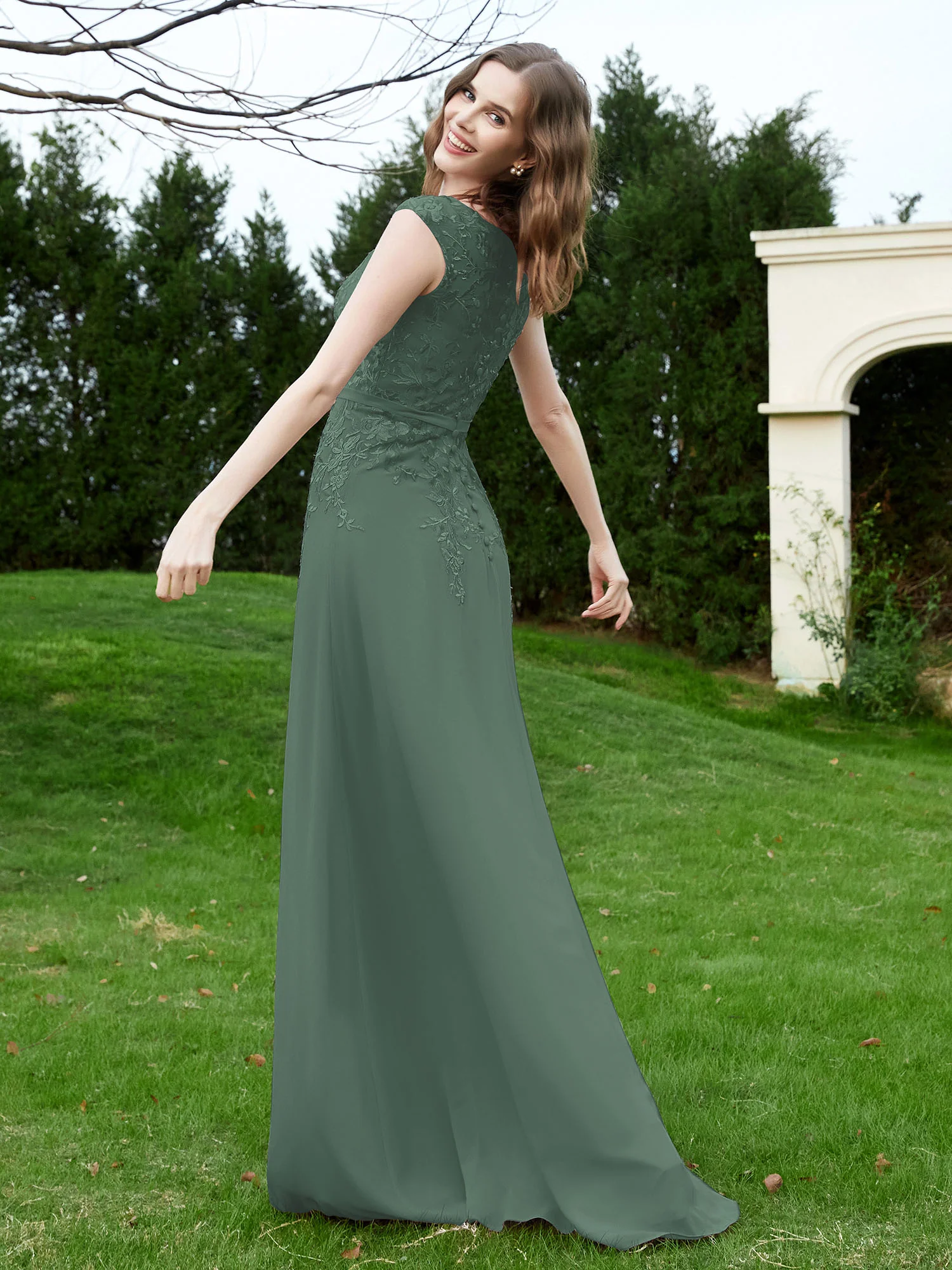 Elegant Illusion Lace Appliqued Dress With Buttons Eucalyptus - Image 2