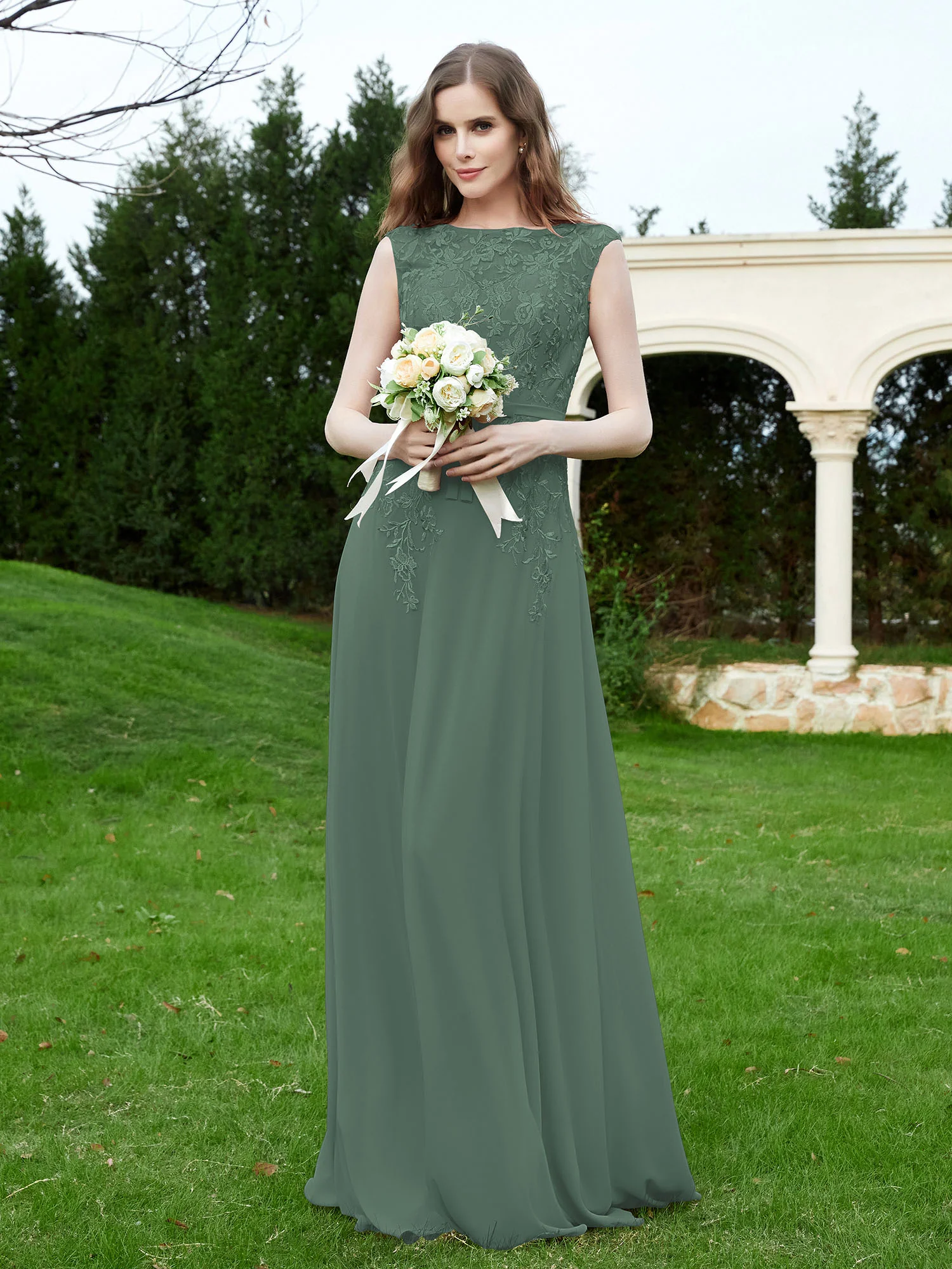 Elegant Illusion Lace Appliqued Dress With Buttons Eucalyptus - Image 3