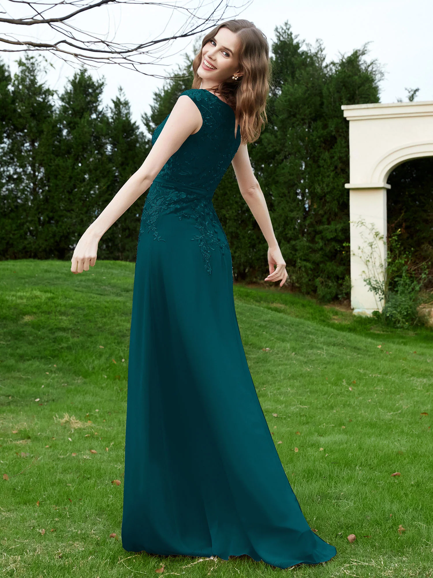 Elegant Illusion Lace Appliqued Dress With Buttons Pine - Image 2