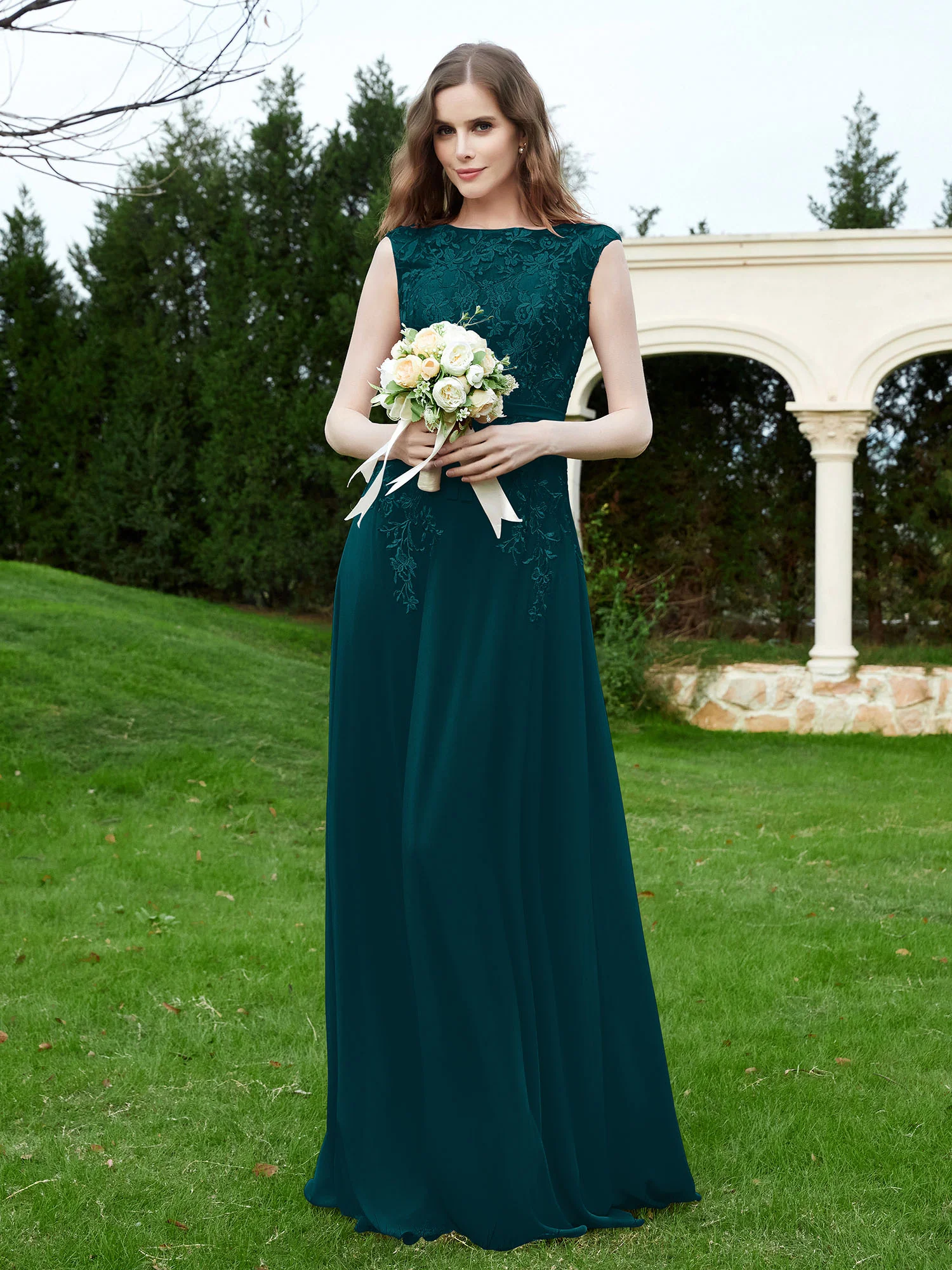 Elegant Illusion Lace Appliqued Dress With Buttons Pine - Image 3