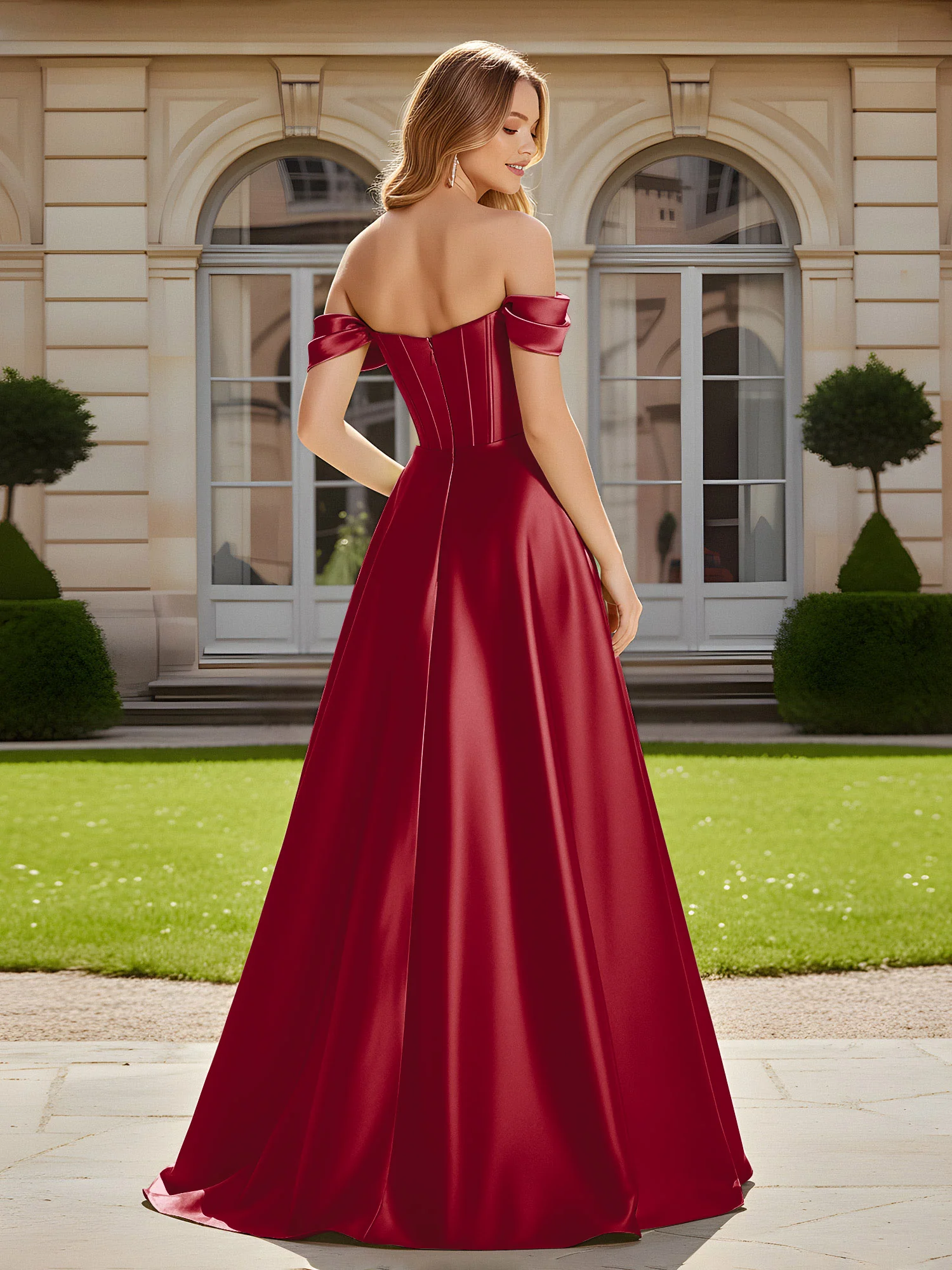 Elegant Off-the-shoulder Pleated Maxi Gown With Slit Burgundy - Image 2