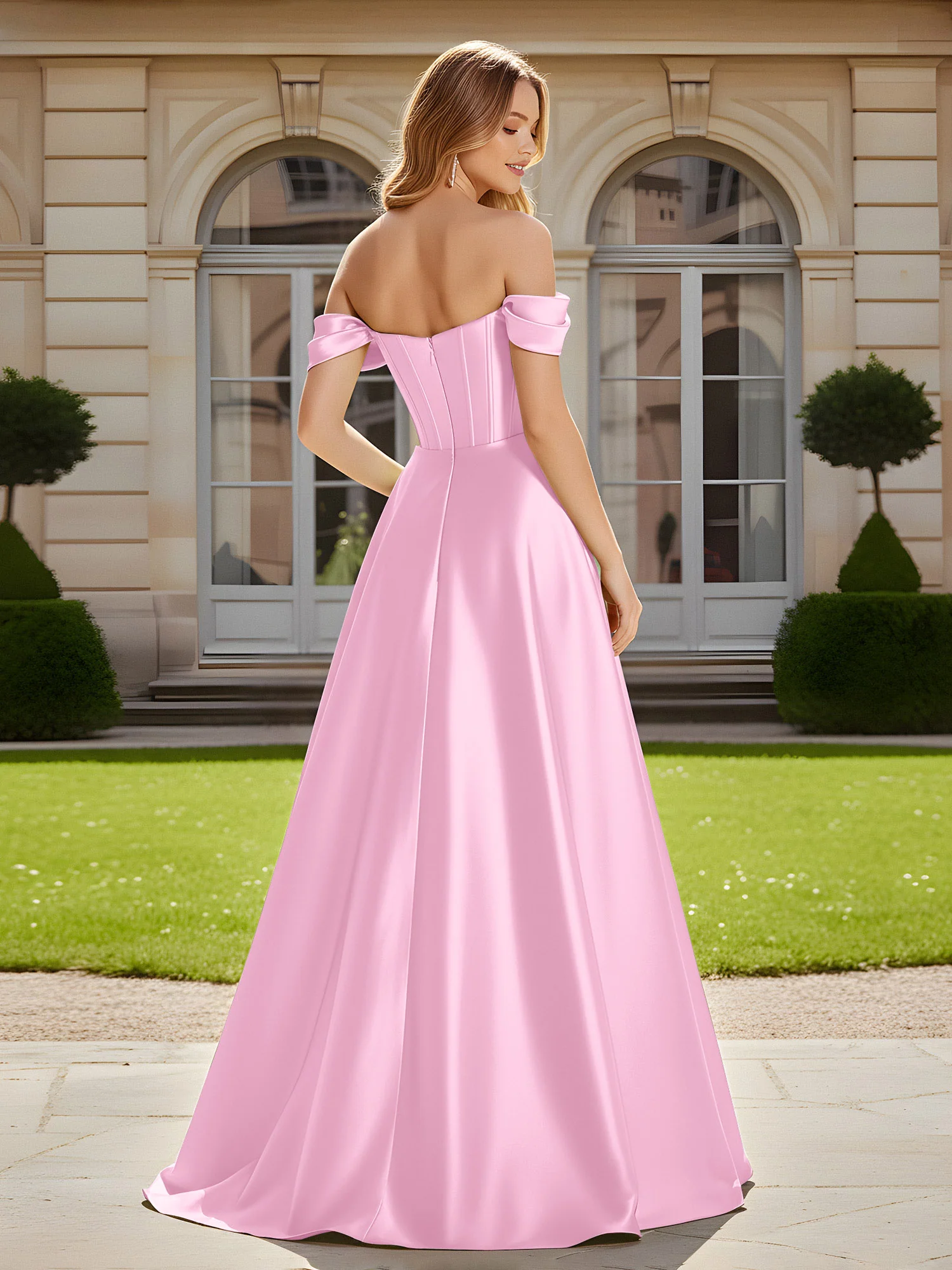 Elegant Off-the-shoulder Pleated Maxi Gown With Slit Candy Pink - Image 2