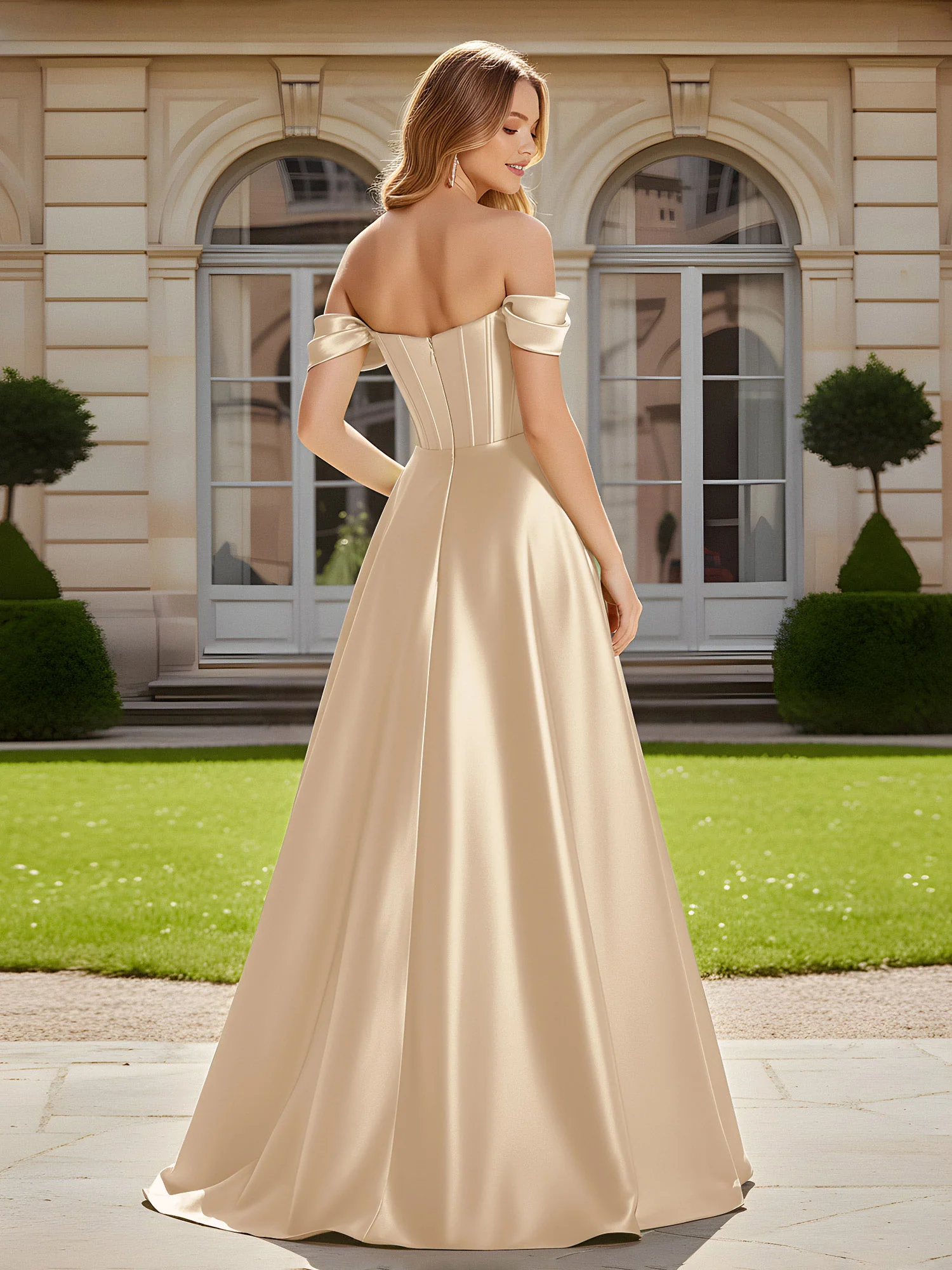 Elegant Off-the-shoulder Pleated Maxi Gown With Slit Champagne - Image 2
