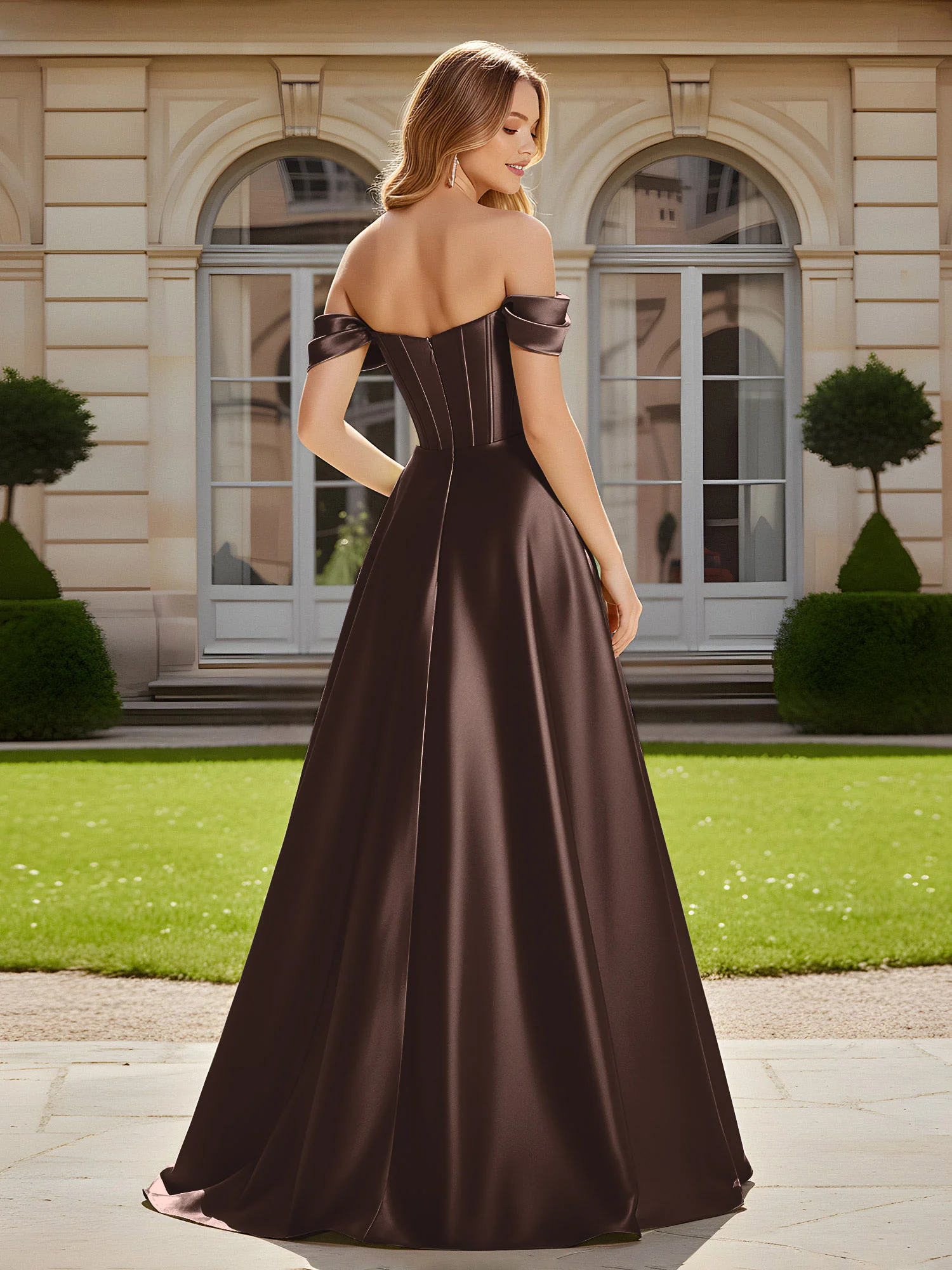 Elegant Off-the-shoulder Pleated Maxi Gown With Slit Chocolate - Image 2