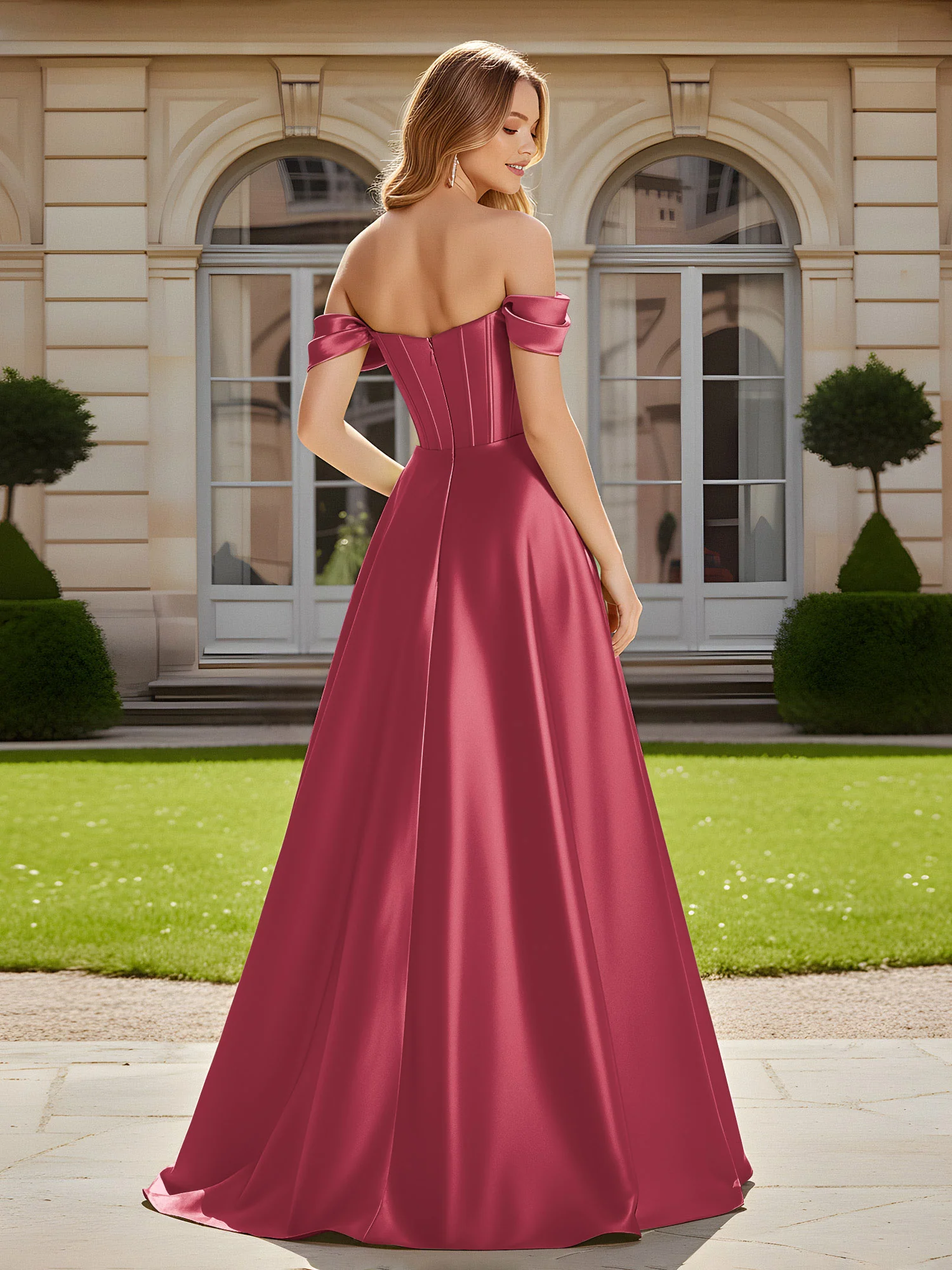 Elegant Off-the-shoulder Pleated Maxi Gown With Slit Cinnamon Rose - Image 2
