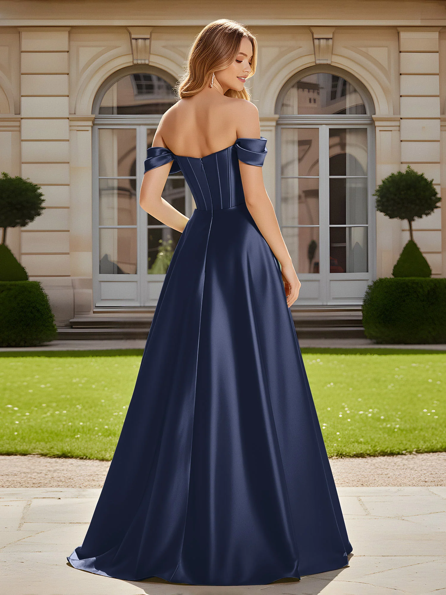Elegant Off-the-shoulder Pleated Maxi Gown With Slit Dark Navy - Image 2