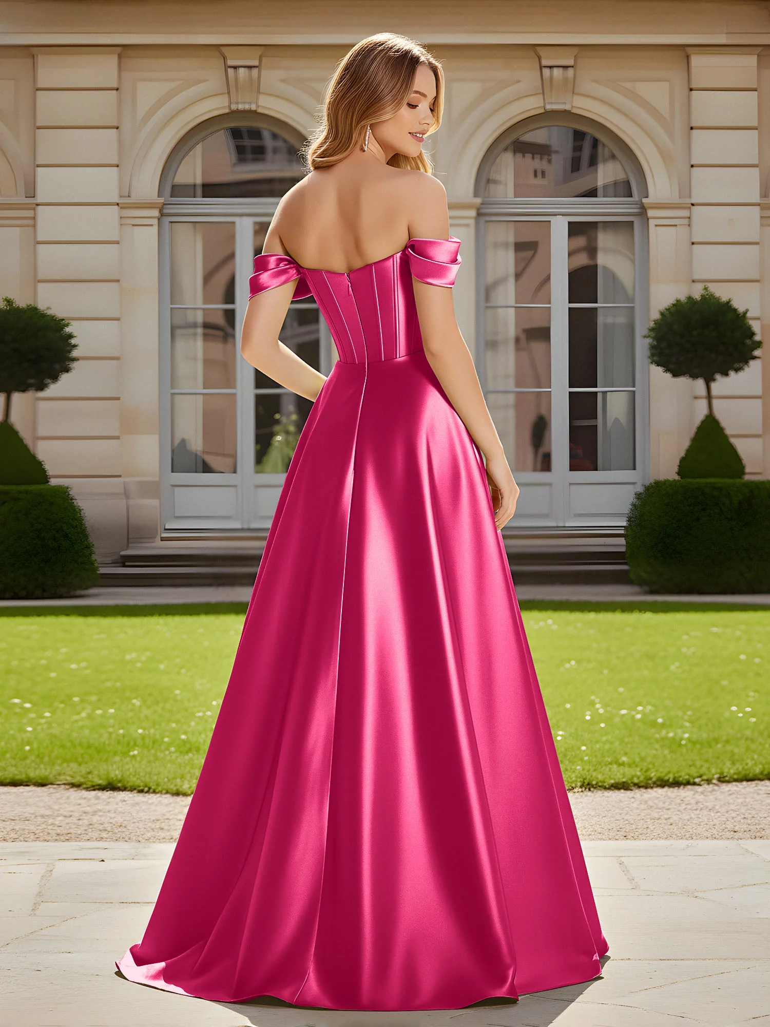 Elegant Off-the-shoulder Pleated Maxi Gown With Slit Fuchsia - Image 2