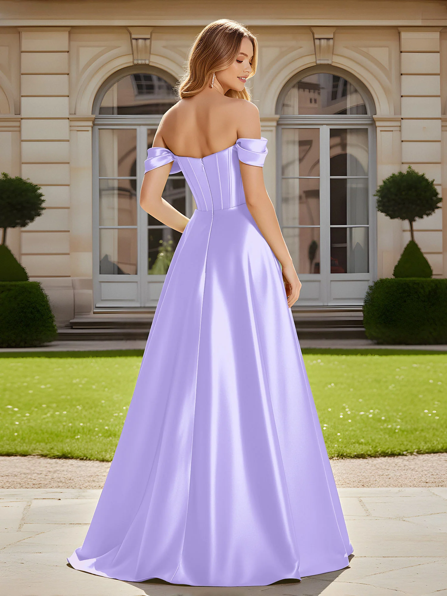 Elegant Off-the-shoulder Pleated Maxi Gown With Slit Lilac - Image 2