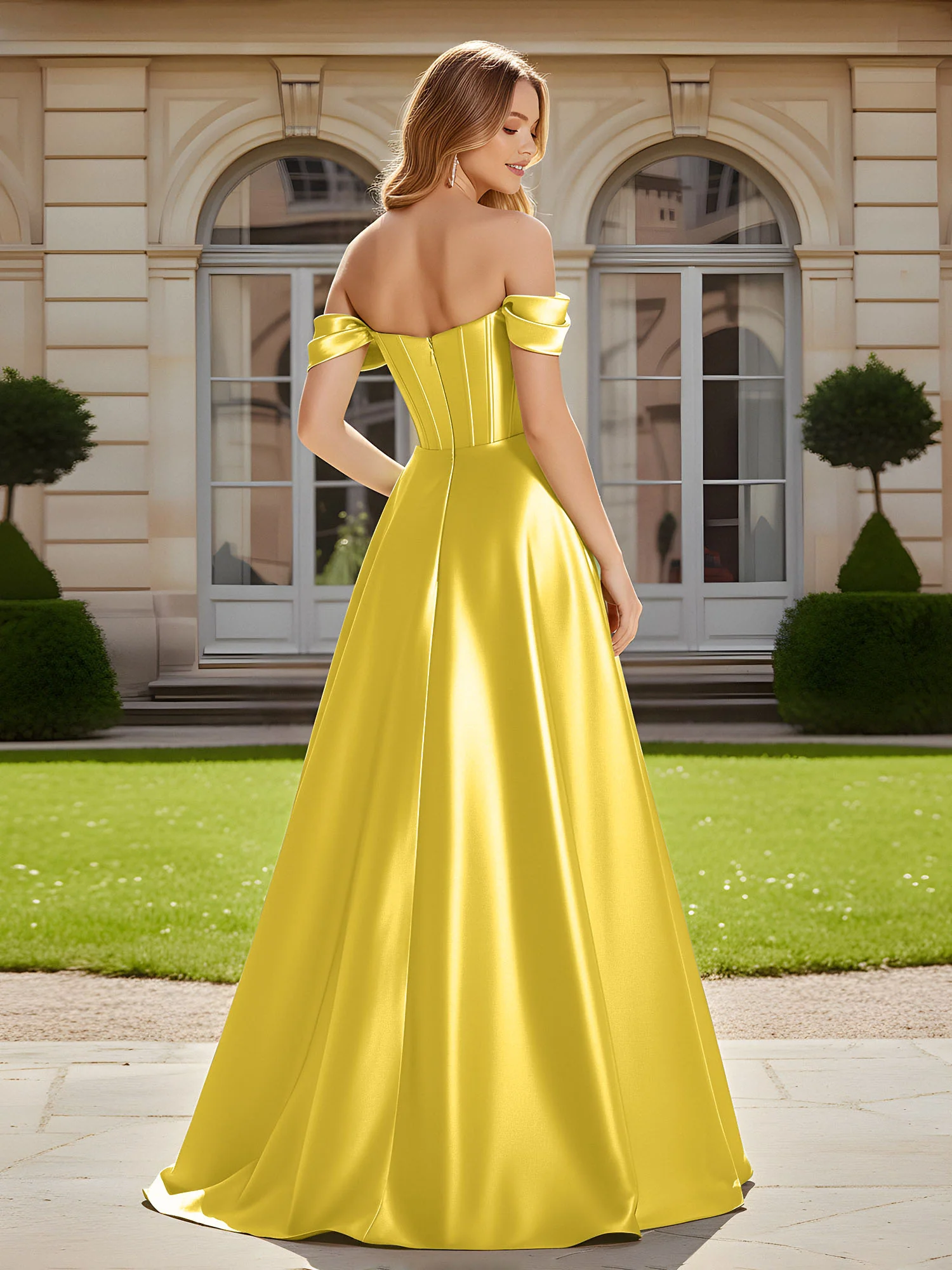 Elegant Off-the-shoulder Pleated Maxi Gown With Slit Marigold - Image 2