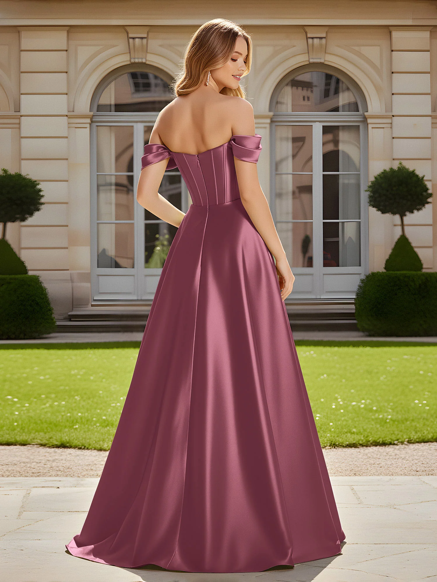 Elegant Off-the-shoulder Pleated Maxi Gown With Slit Mulberry - Image 2