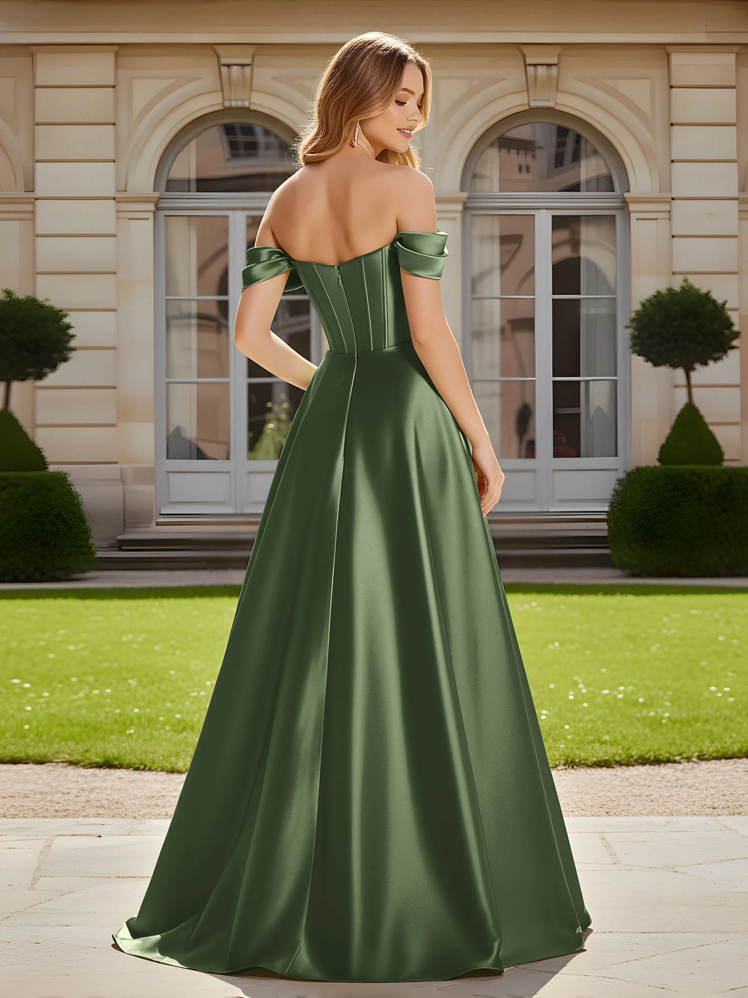 Elegant Off-the-shoulder Pleated Maxi Gown With Slit Olive Green - Image 2